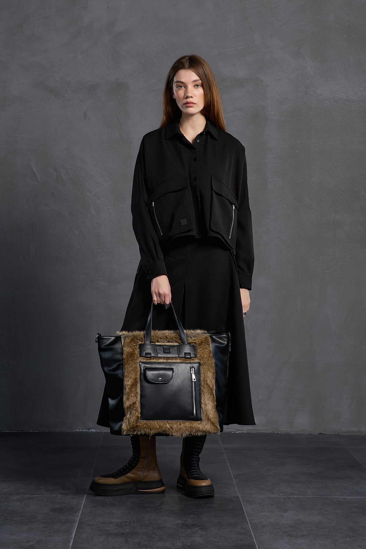 Black Brown Leather And Faux Fur Bag Lupa