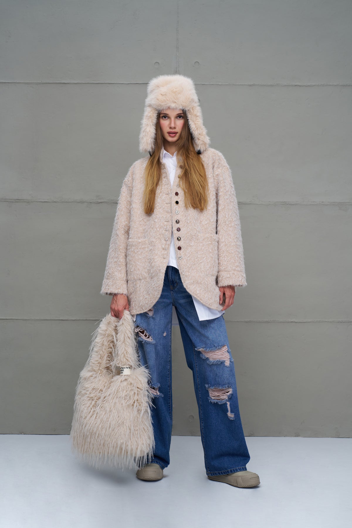 Beige Feathered Faux Fur Bag Pastel