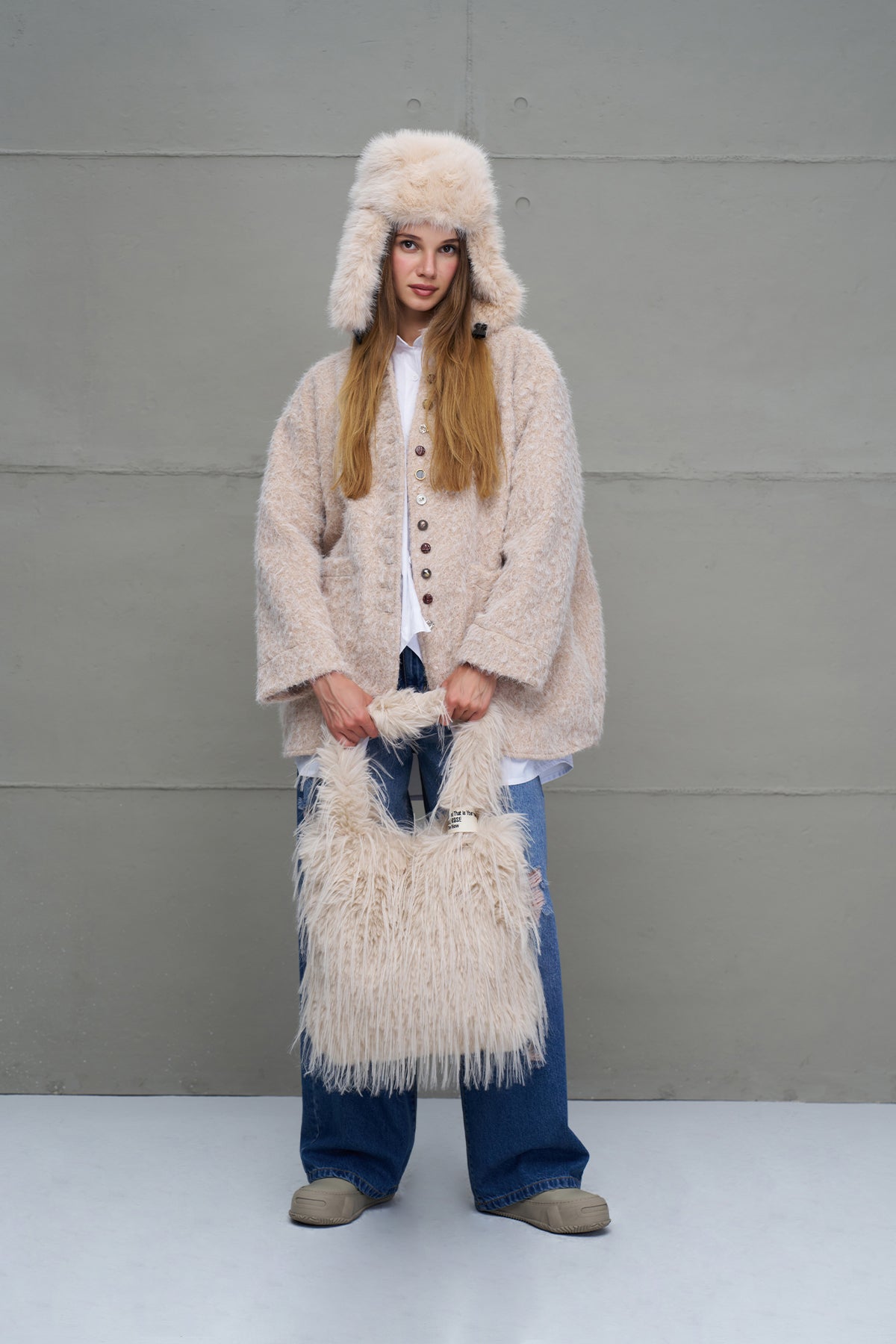 Beige Feathered Faux Fur Bag Pastel