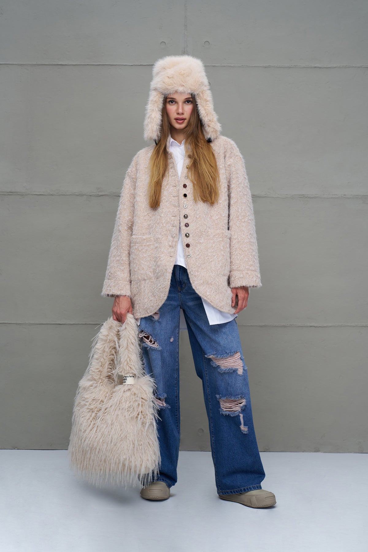 Beige Feathered Faux Fur Bag Pastel