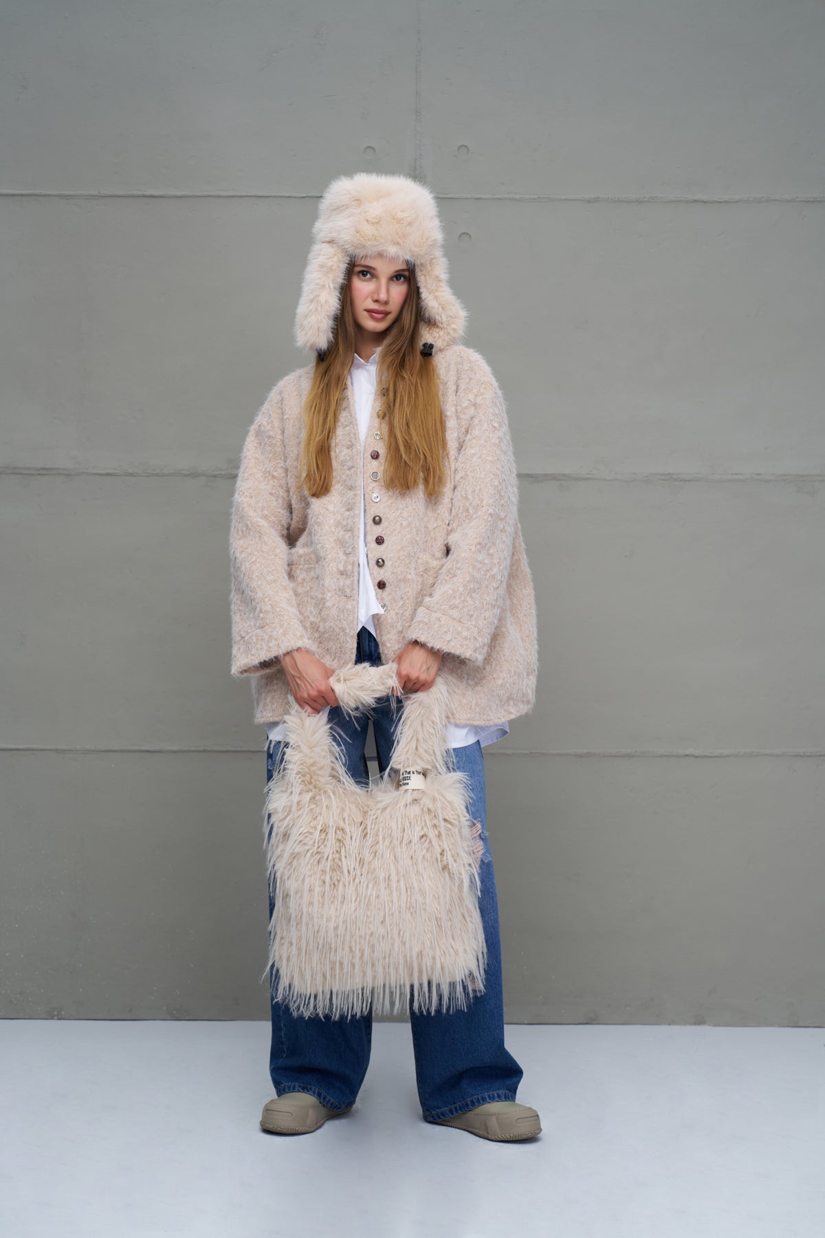 Beige Feathered Faux Fur Bag Pastel