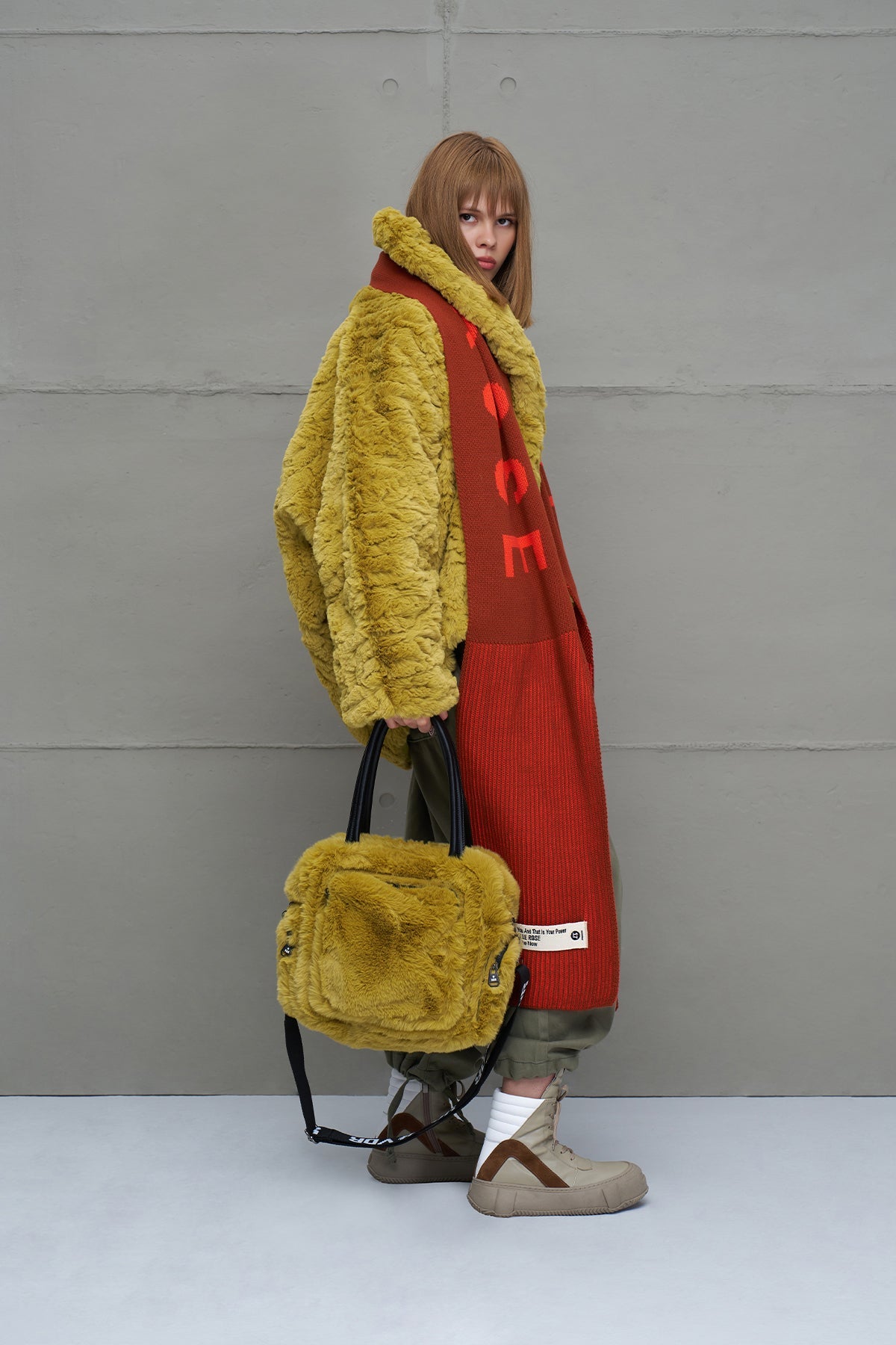 Mustard Faux Fur Shoulder Tote Bag Porto20