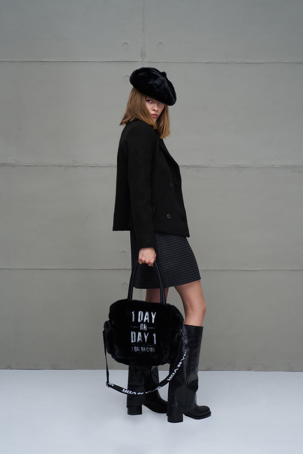 Black Faux Fur Shoulder Tote Bag Porto20