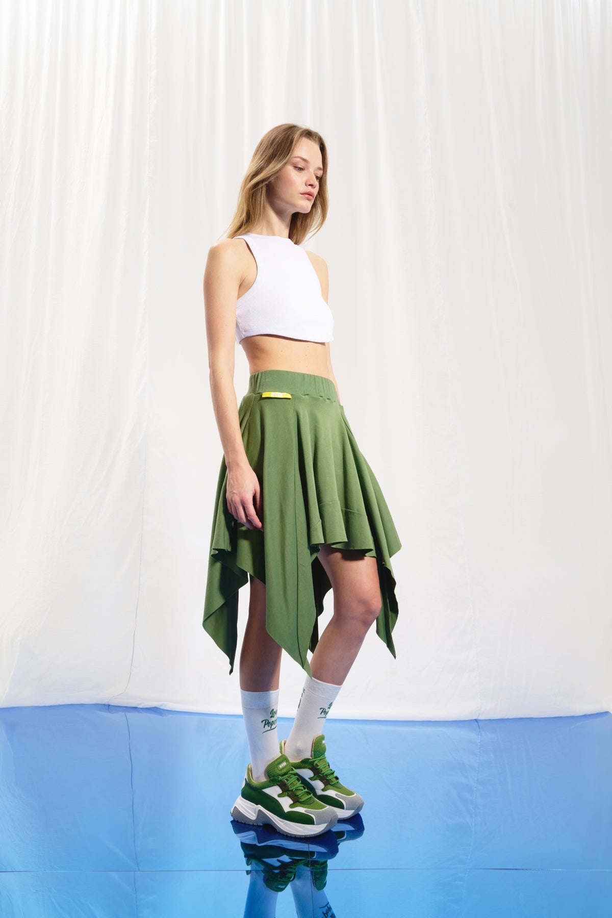 Olive Green Asymmetrik Mini Skirt 17008