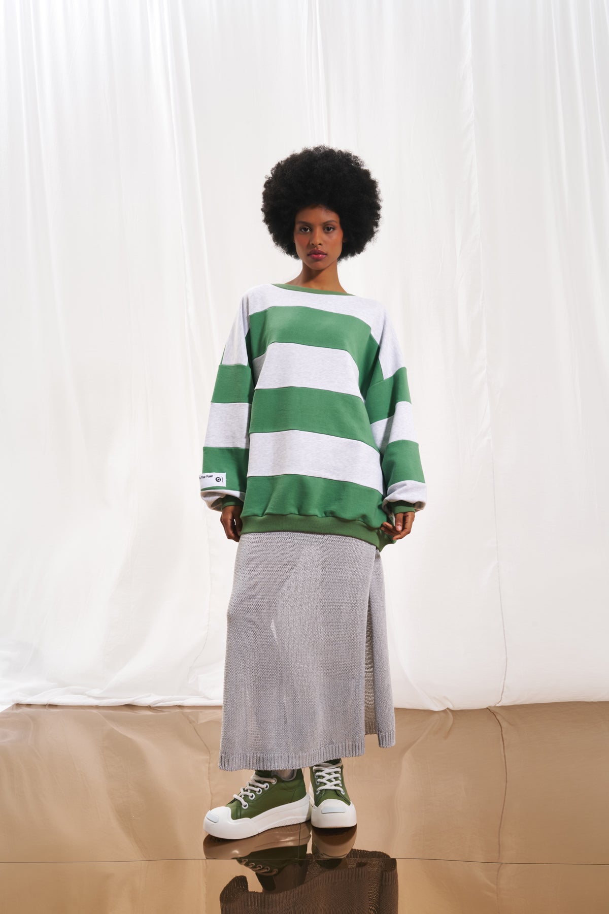 Olive Grey Striped Embroidered Sweatshirt 17047