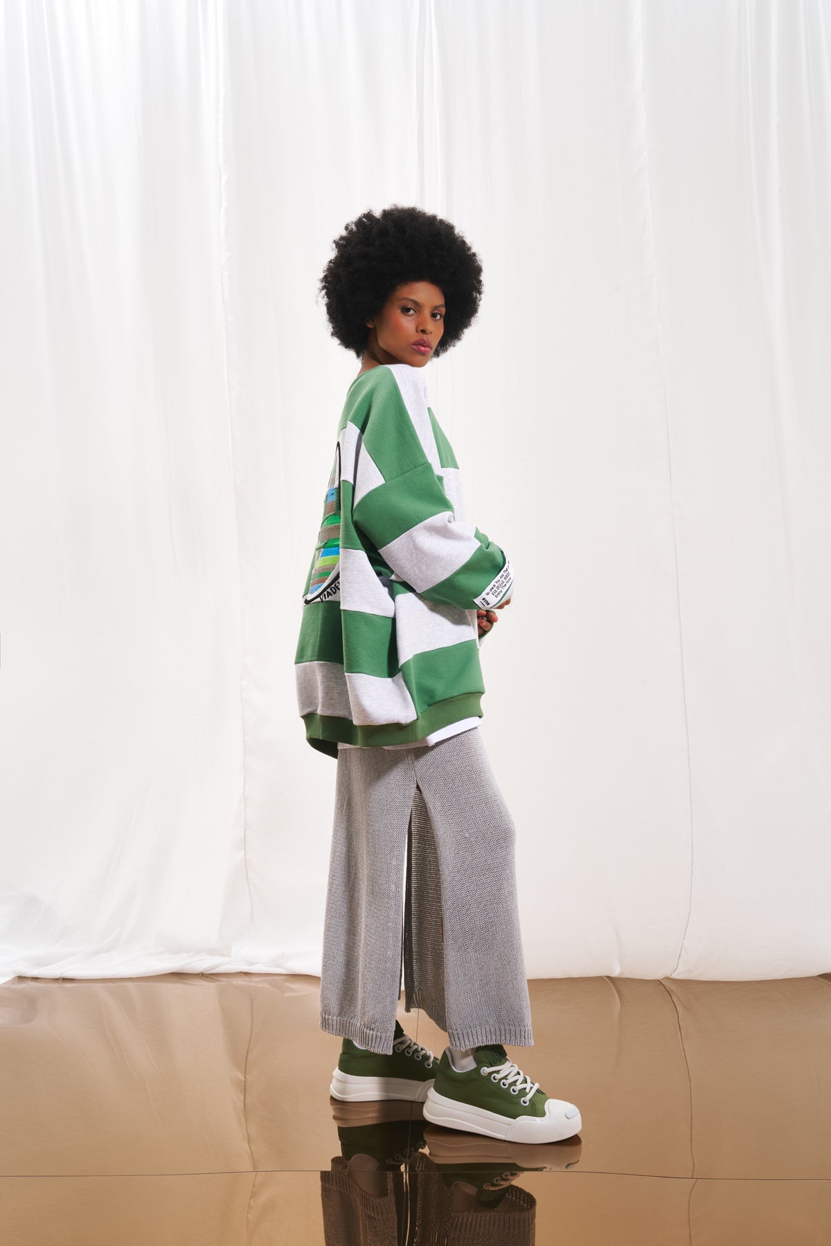 Olive Grey Striped Embroidered Sweatshirt 17047