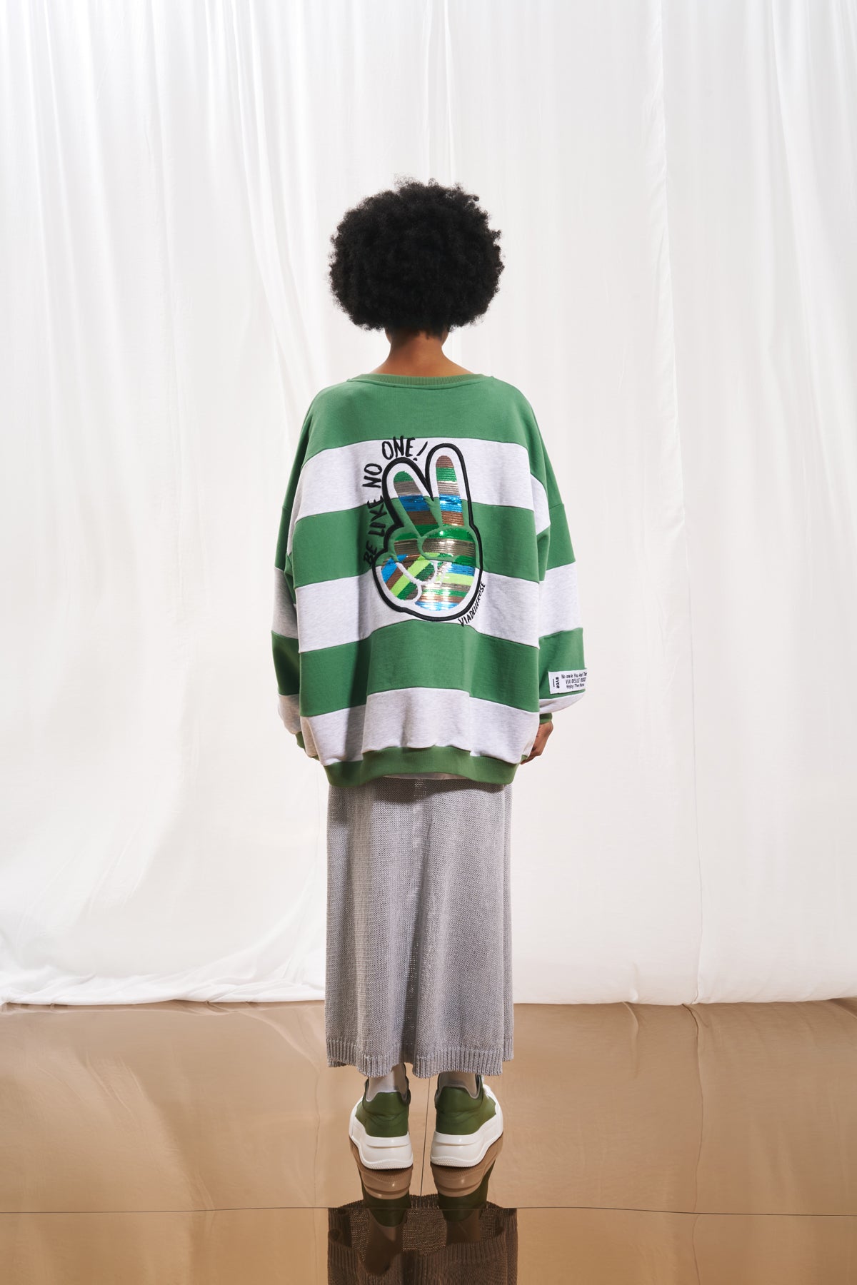 Olive Grey Striped Embroidered Sweatshirt 17047