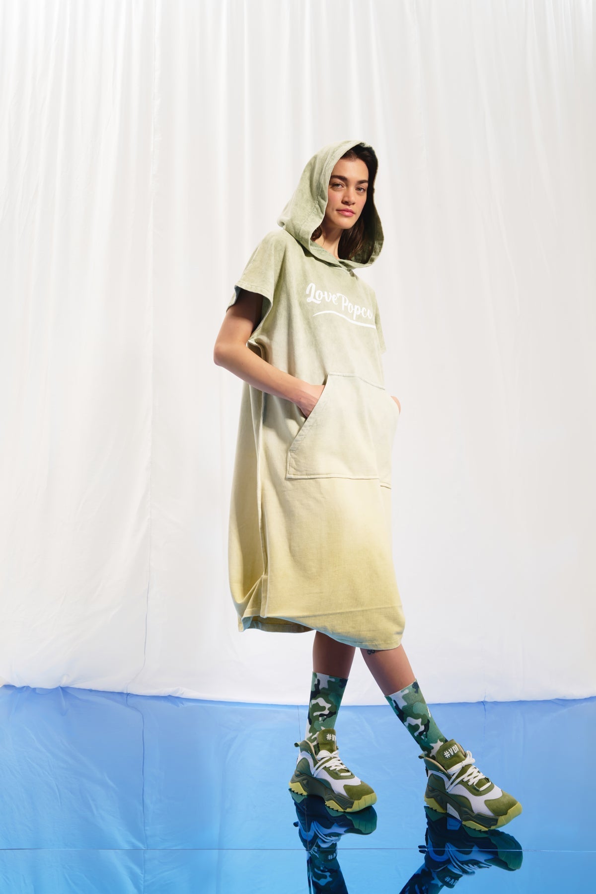 Olive Green Pistachio Hooded Sweatshirt Dress 17051