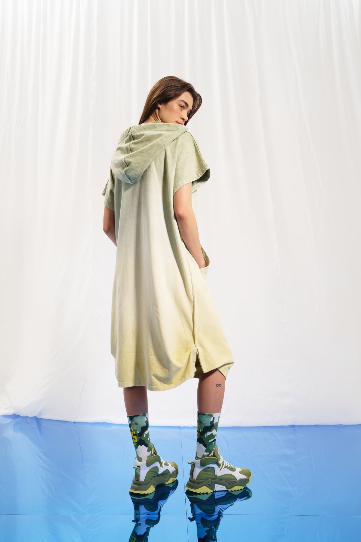 Olive Green Pistachio Hooded Sweatshirt Dress 17051