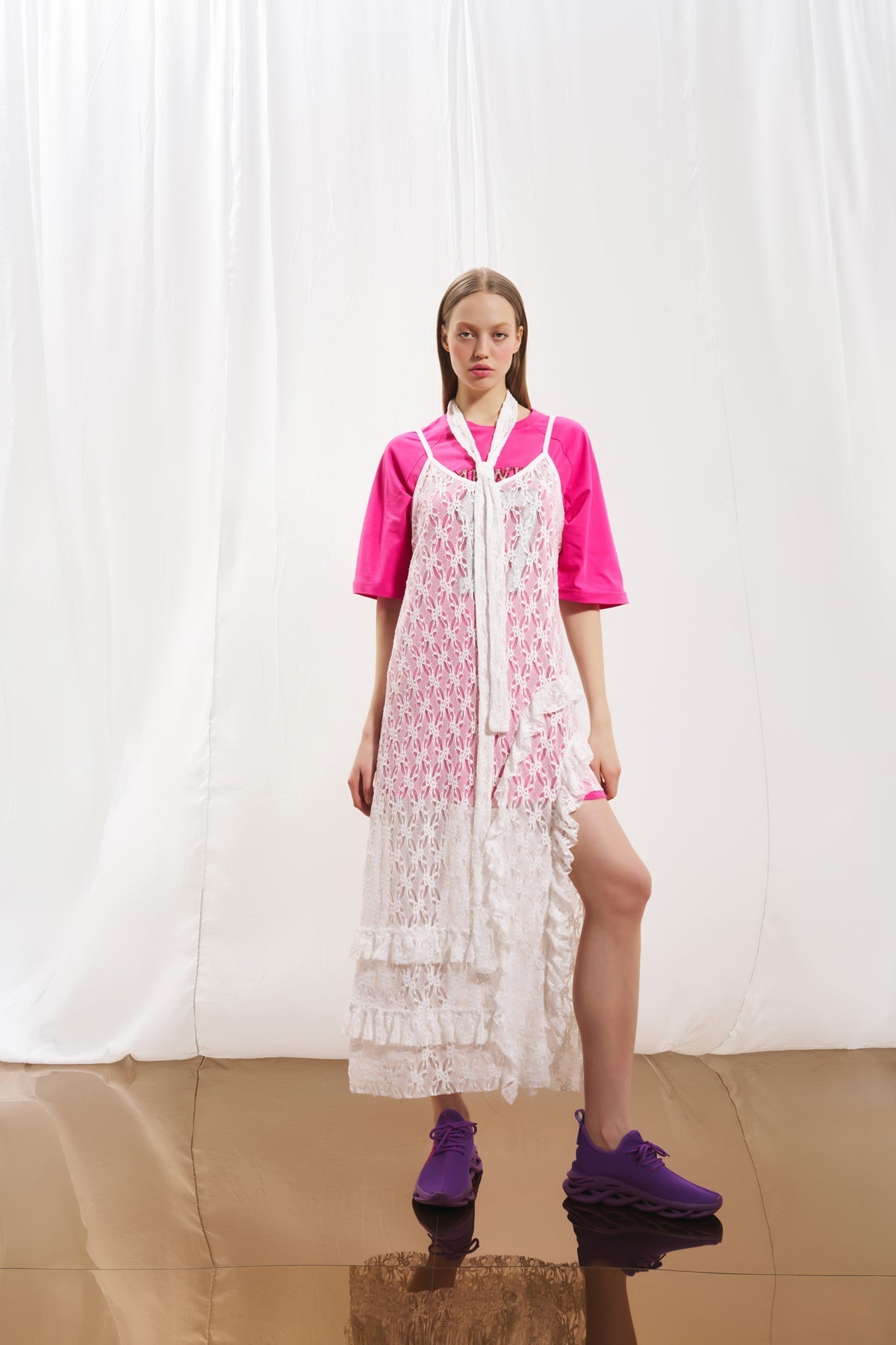 Off White Asymmetric Lace Dress 17136