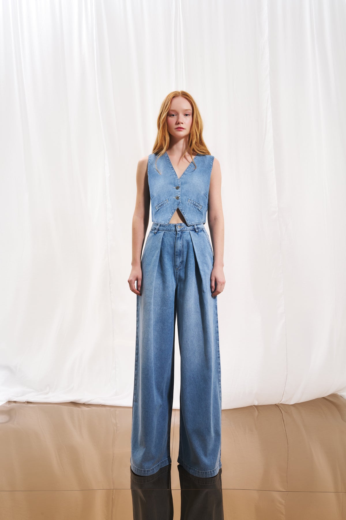 Light Blue Pleated Wide-leg Denim Trousers 17220
