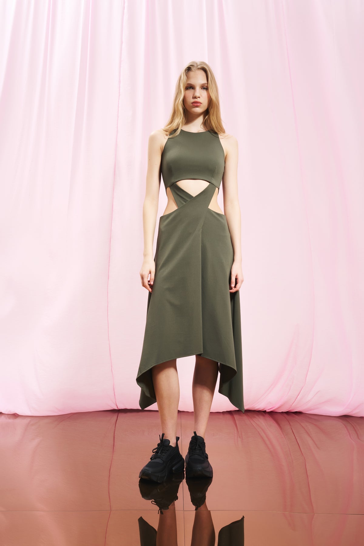 Khaki Cut-out Midi Dress 17276
