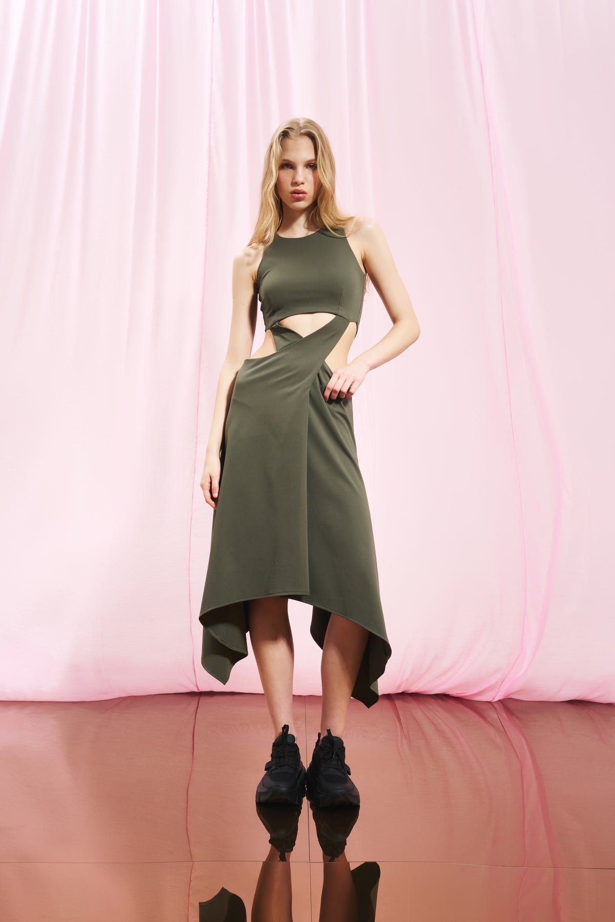 Khaki Cut-out Midi Dress 17276