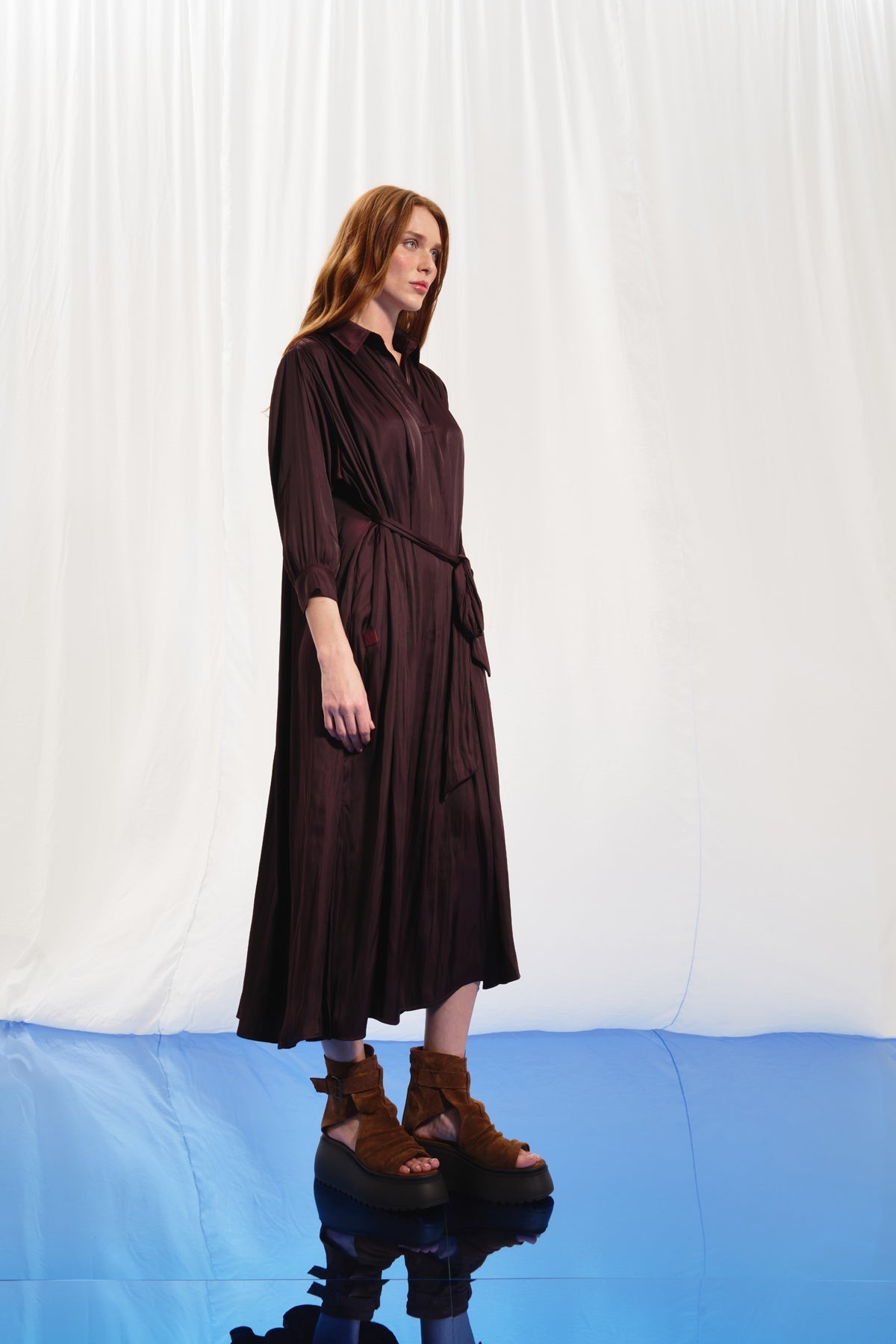 Burgundy Satin Midi Shirt Dress 17281