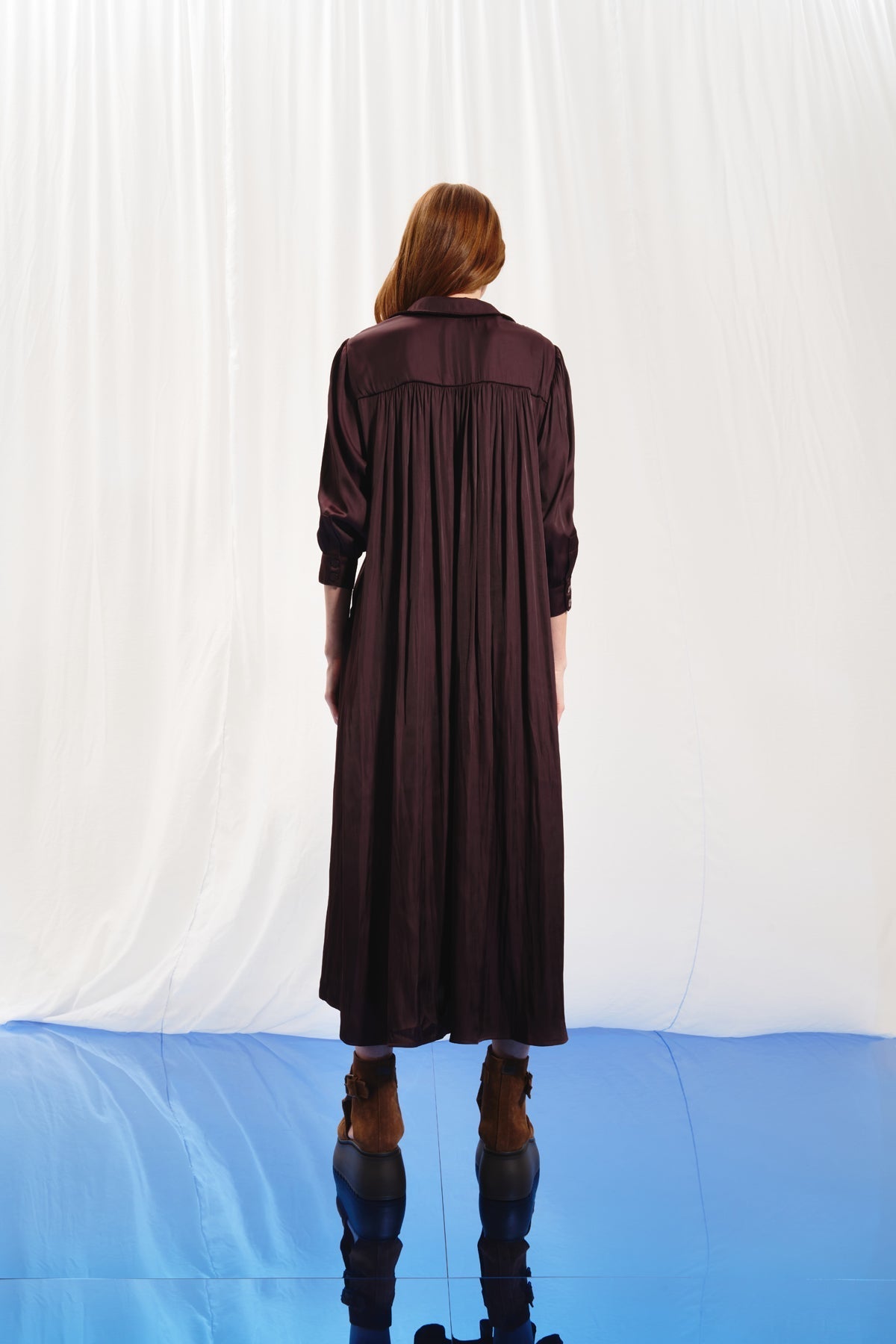 Burgundy Satin Midi Shirt Dress 17281