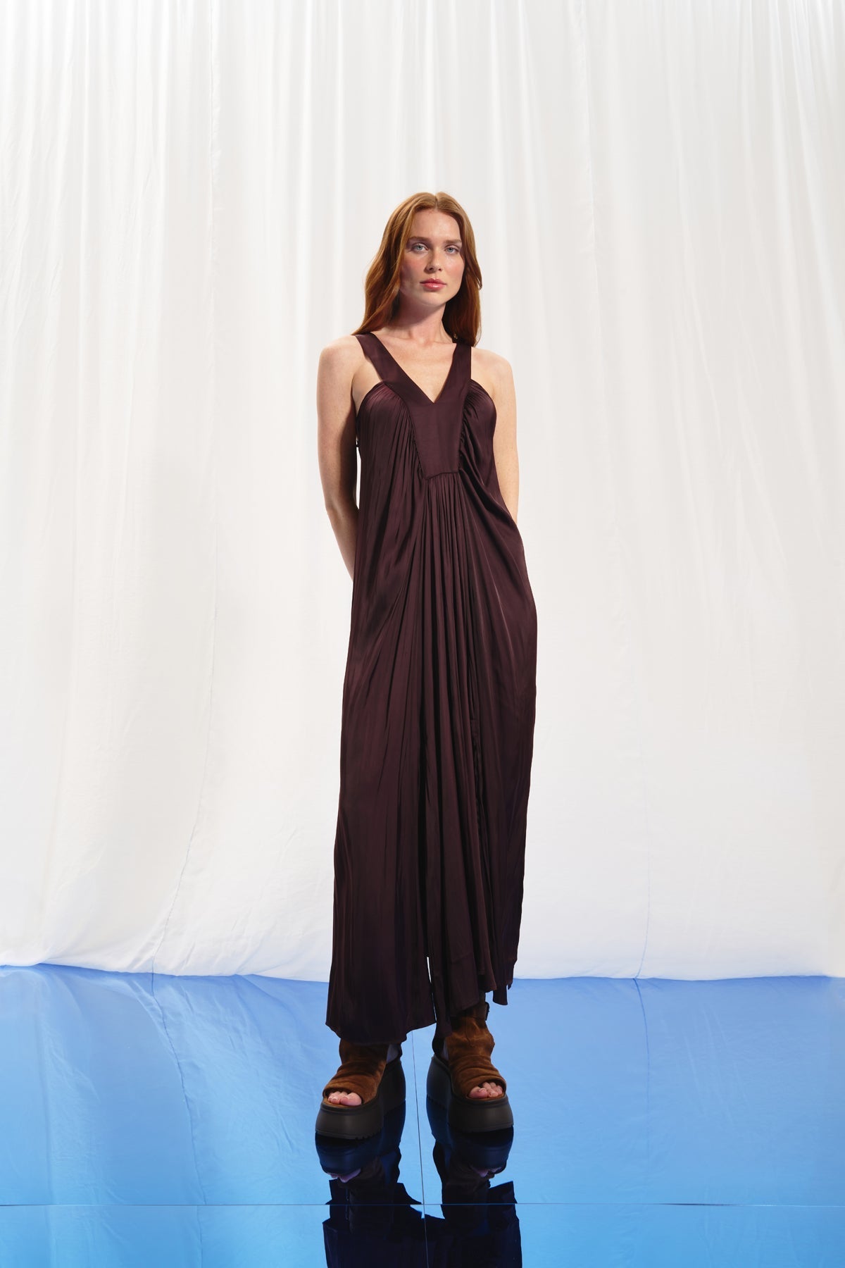 Burgundy V-neck Satin Midi Dress 17282