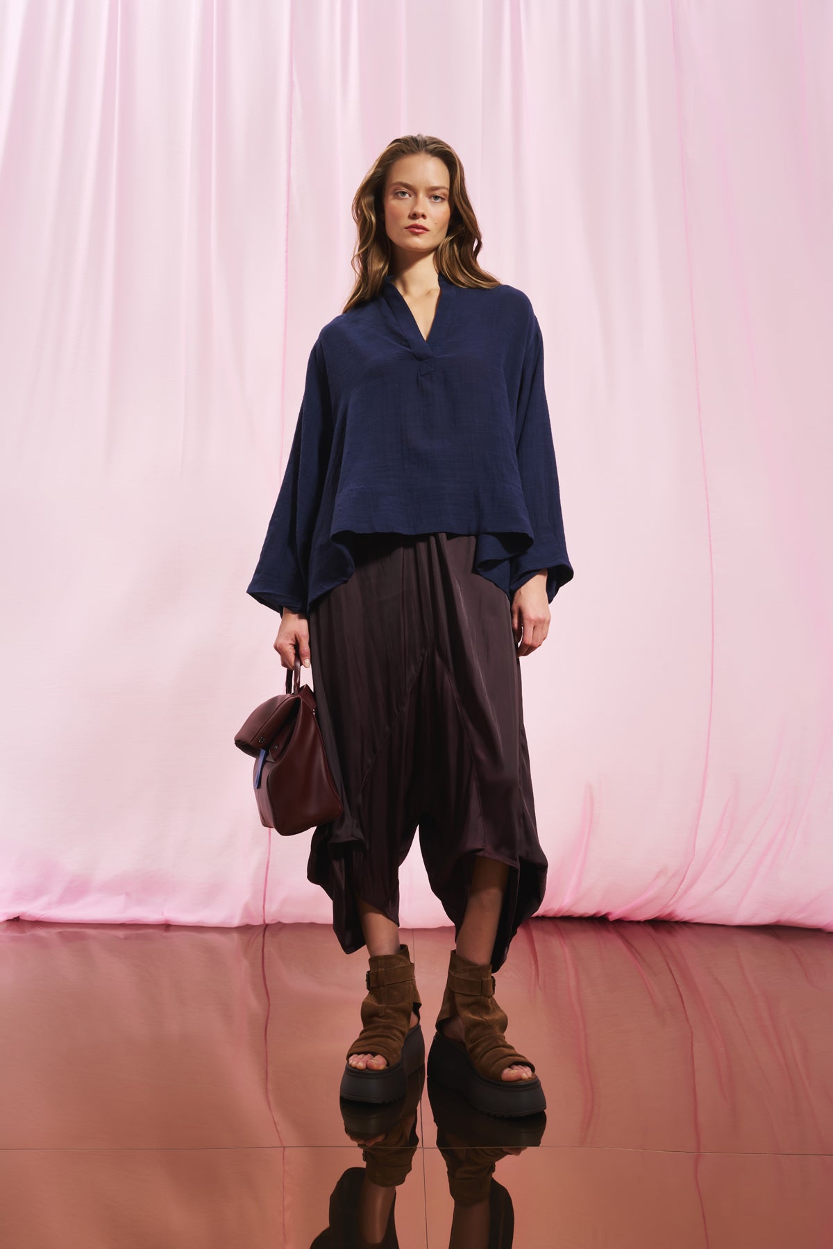 Burgundy Flowing Satin Trousers 17284