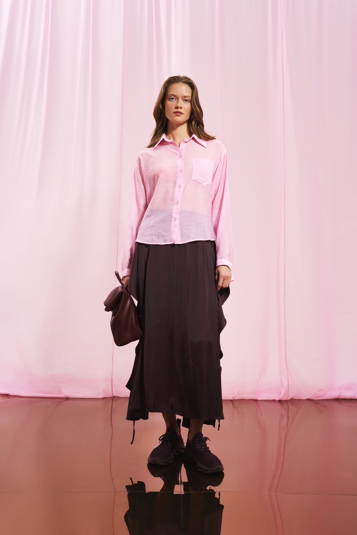 Burgundy Satin Midi Skirt 17285