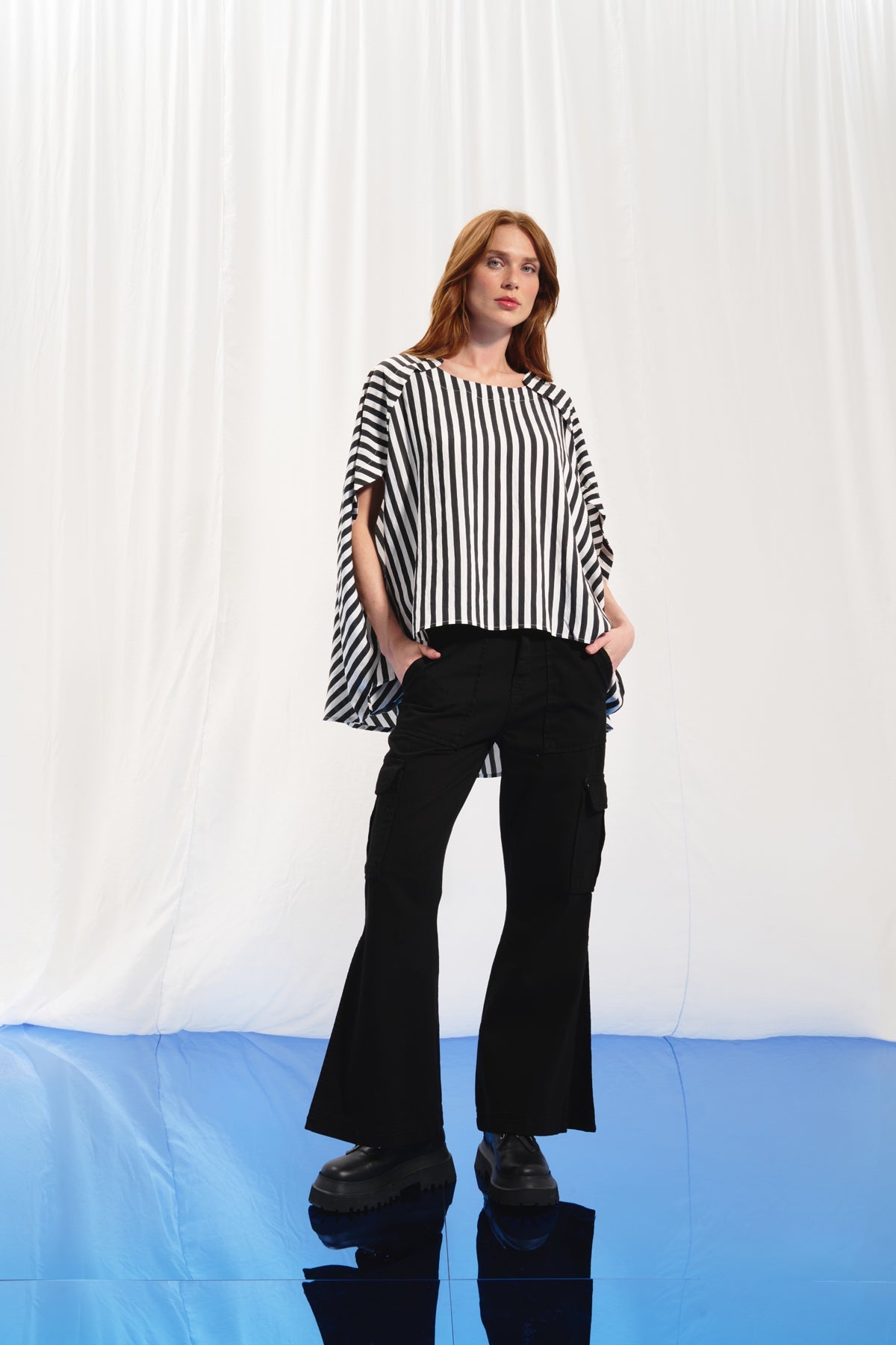Black White Striped Asymmetric Blouse 17290