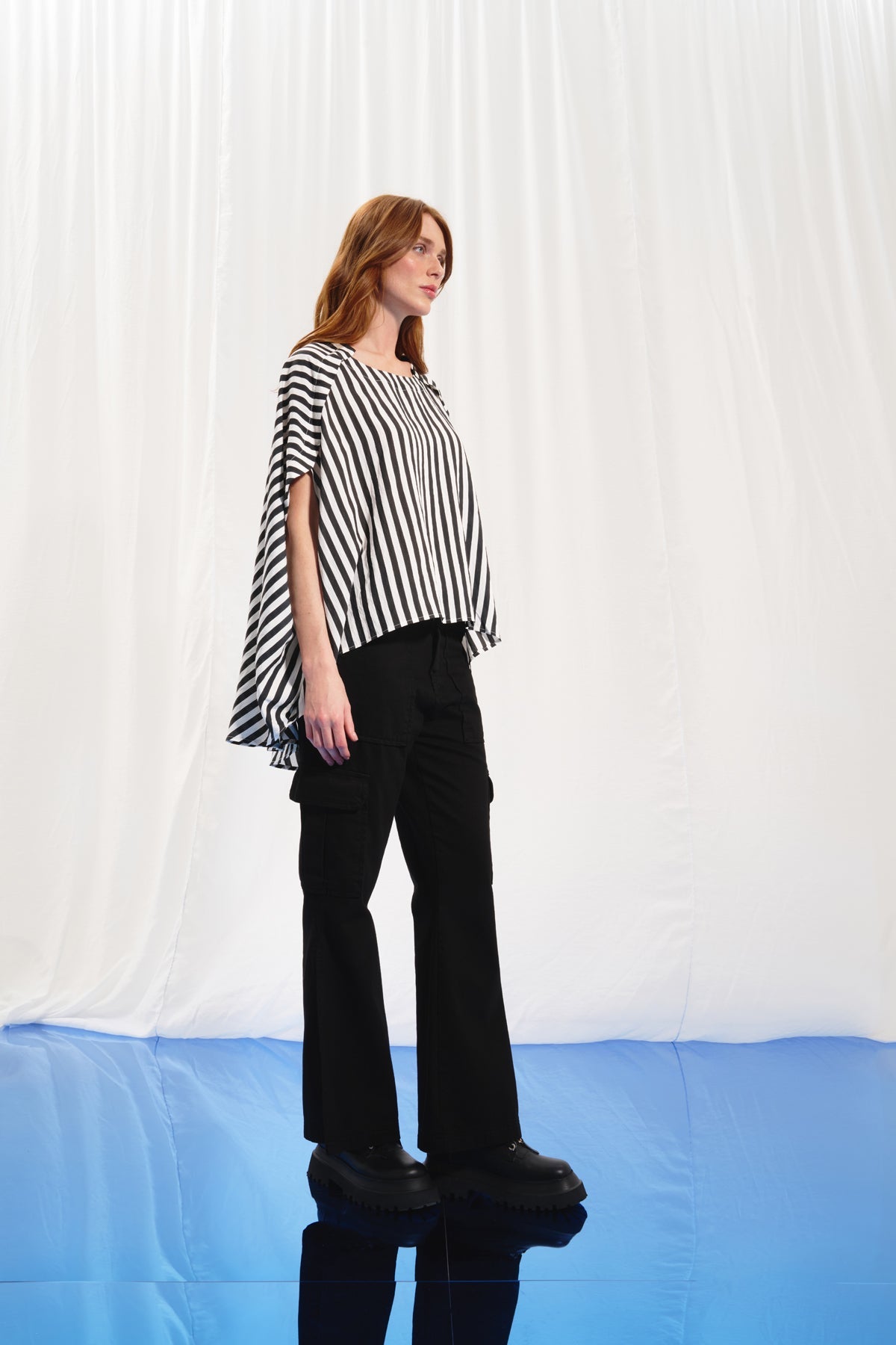 Black White Striped Asymmetric Blouse 17290