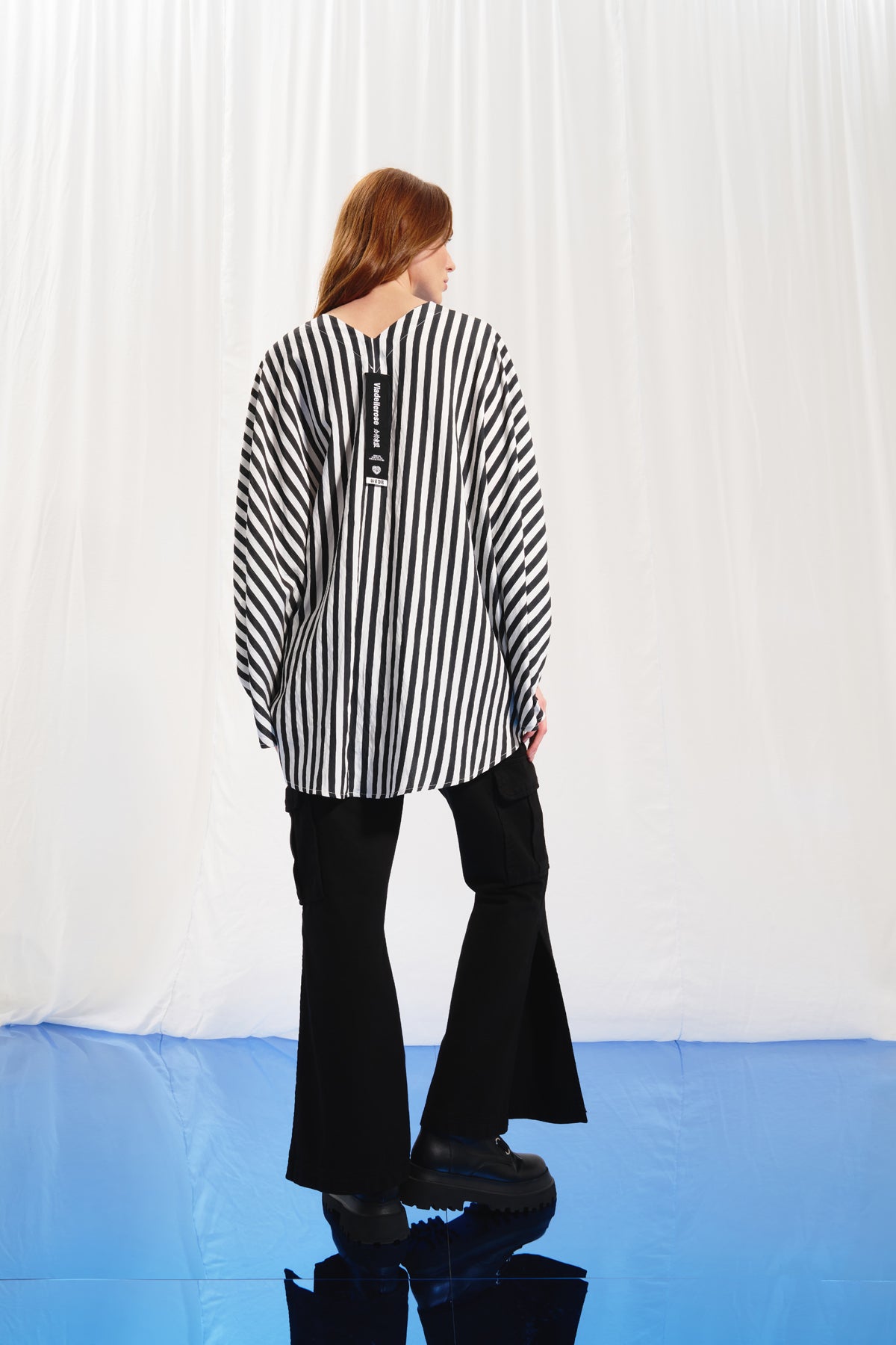 Black White Striped Asymmetric Blouse 17290