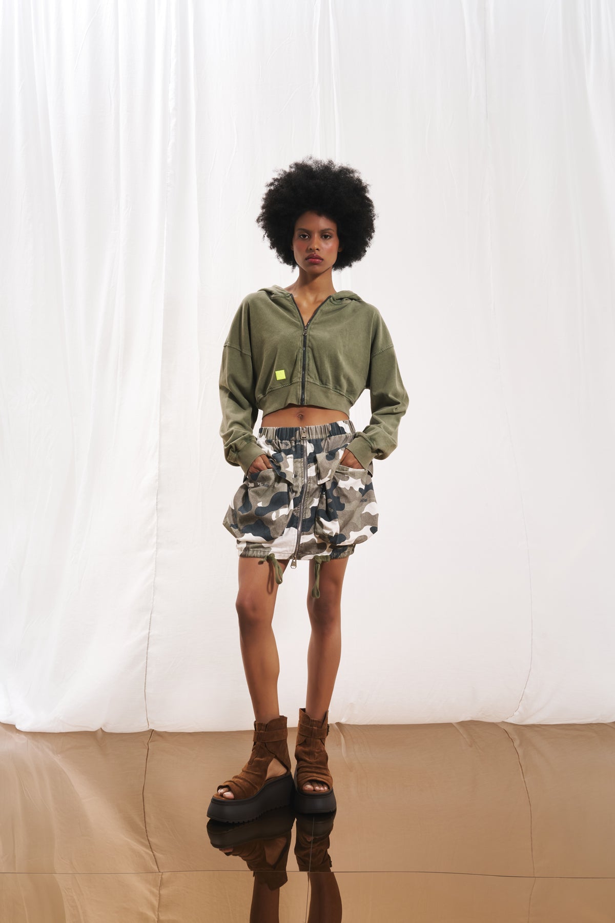 Olive Green Zip-up Crop Sweatshirt 17322