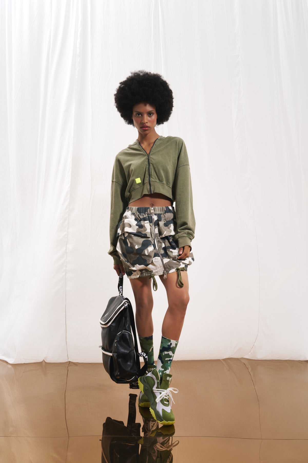 Olive Green Zip-up Crop Sweatshirt 17322