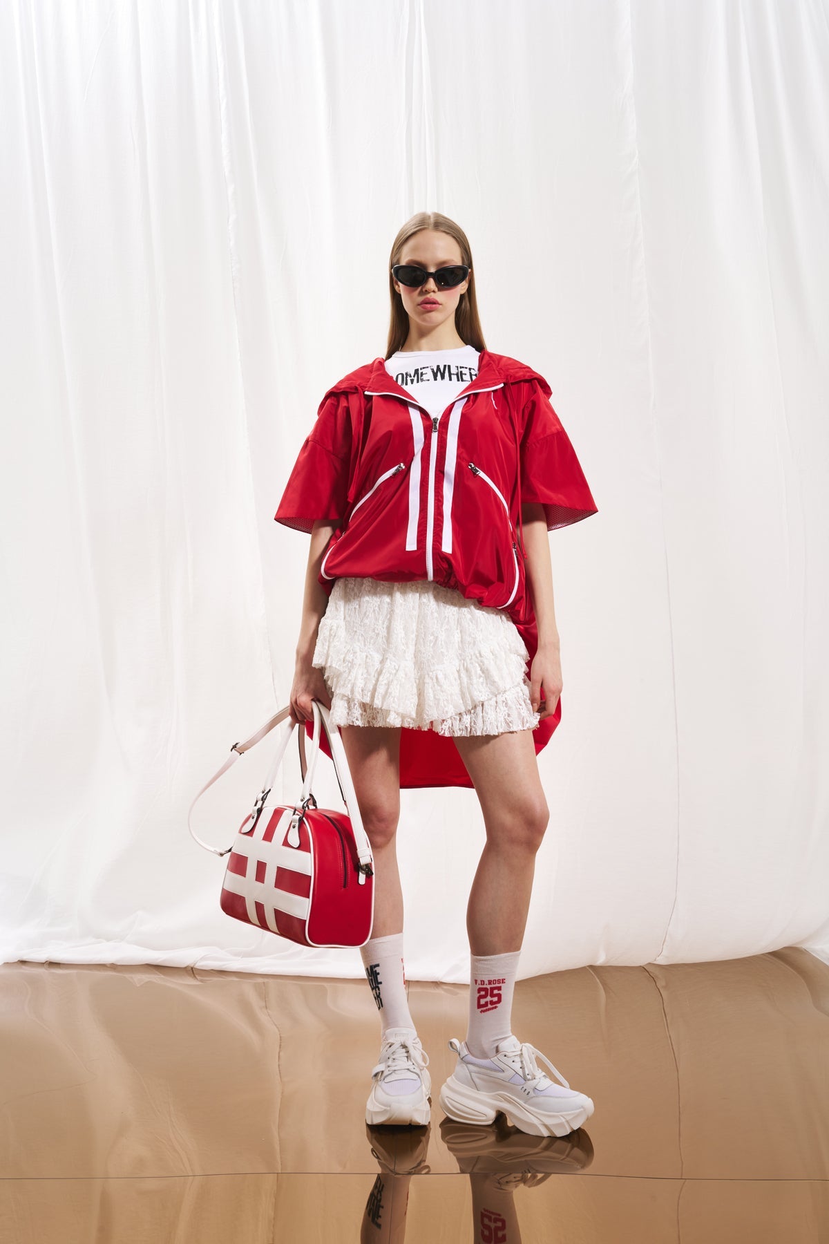 Red Asymmetric Short Sleeve Trench Coat 17326