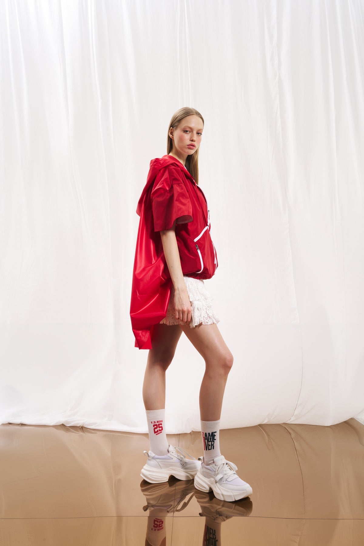 Red Asymmetric Short Sleeve Trench Coat 17326