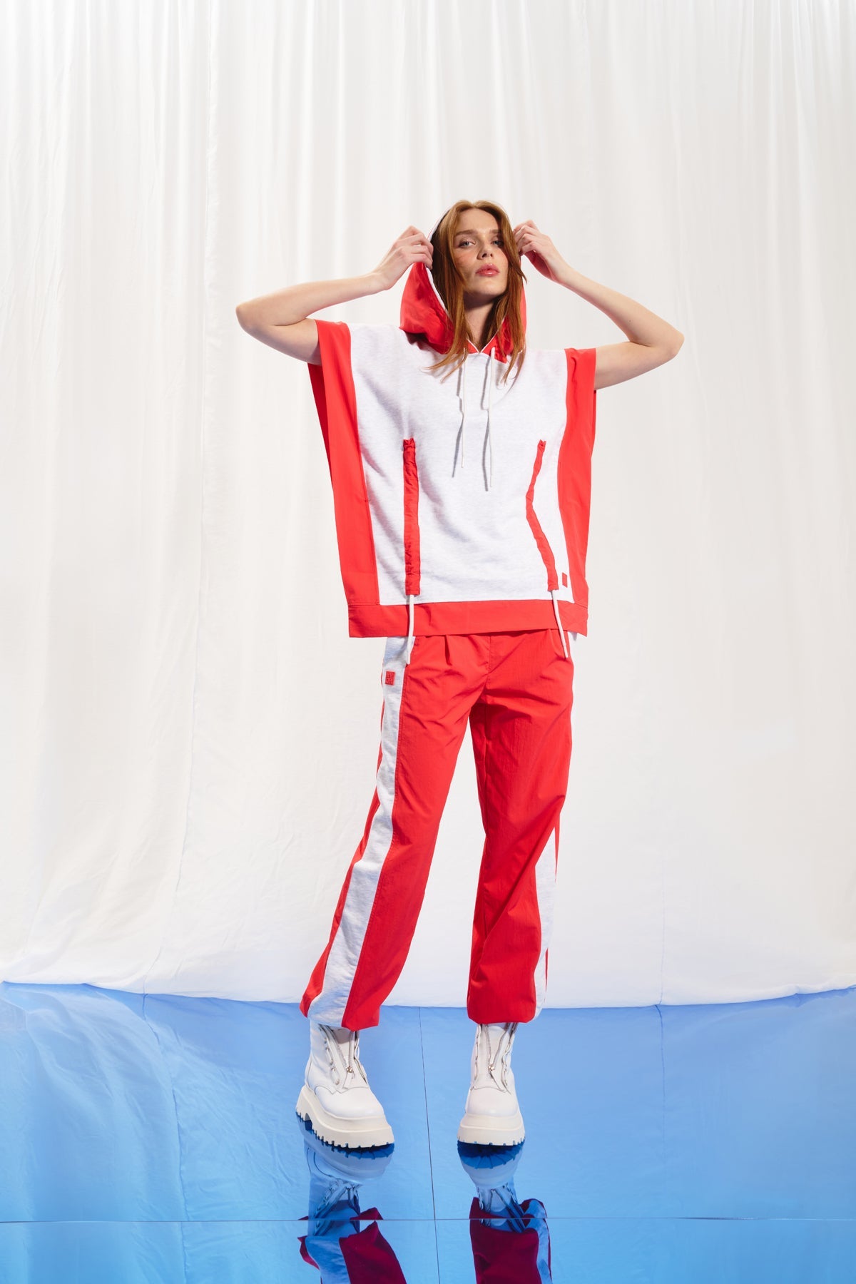 Light Grey Melange Coral Hooded Short Sleeve Sweatshirt 17359