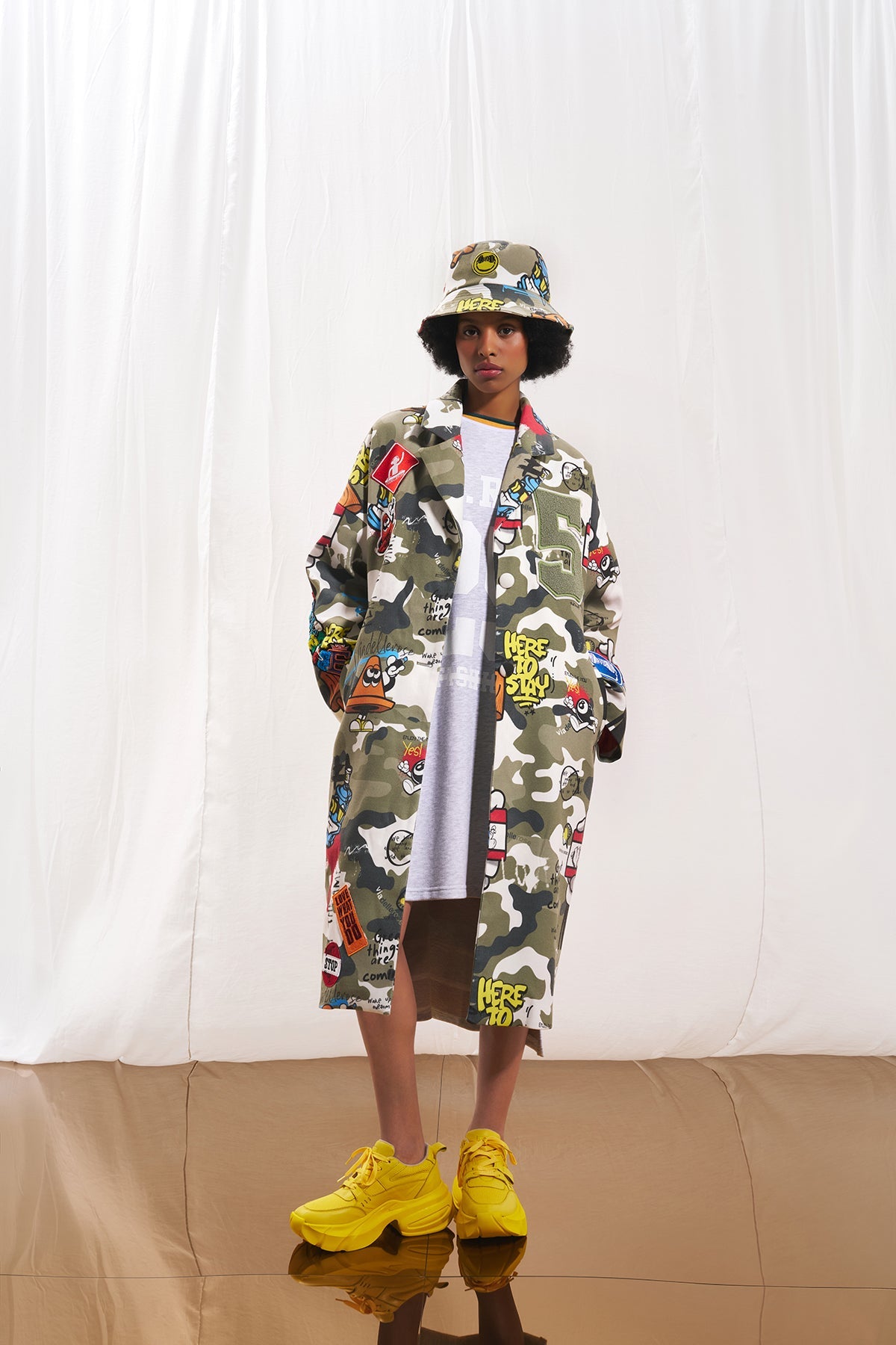 Khaki Camo Print Embroidered Soft Coat 17384