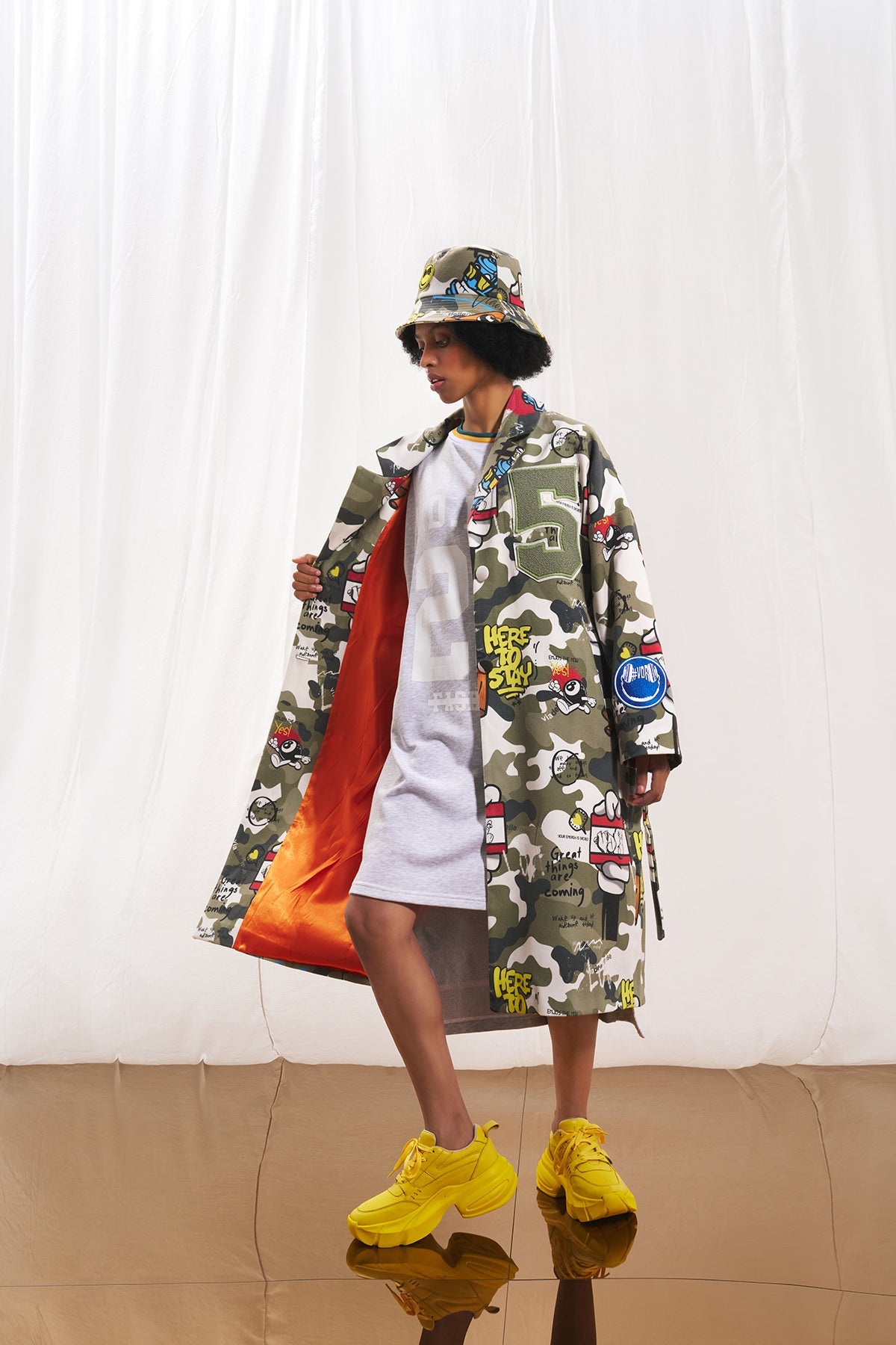 Khaki Camo Print Embroidered Soft Coat 17384