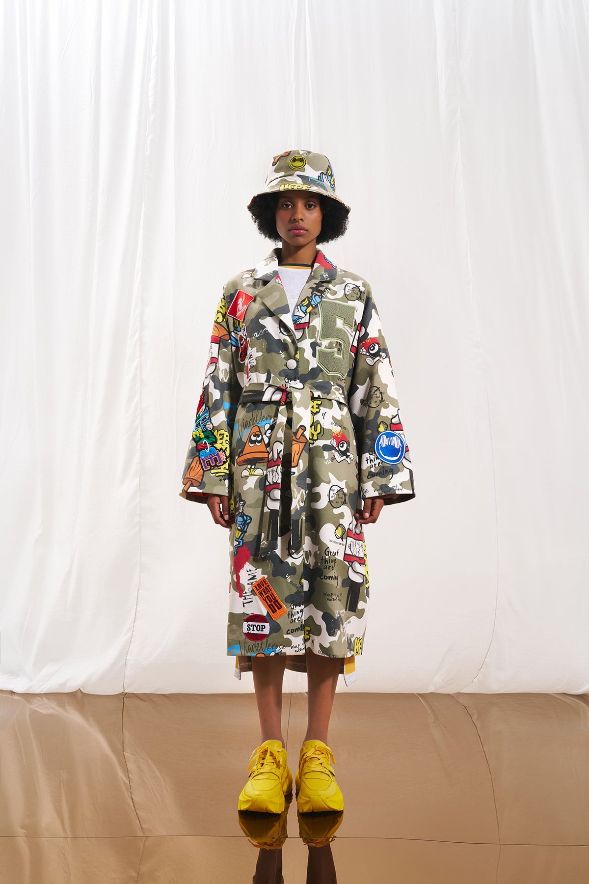 Khaki Camo Print Embroidered Soft Coat 17384