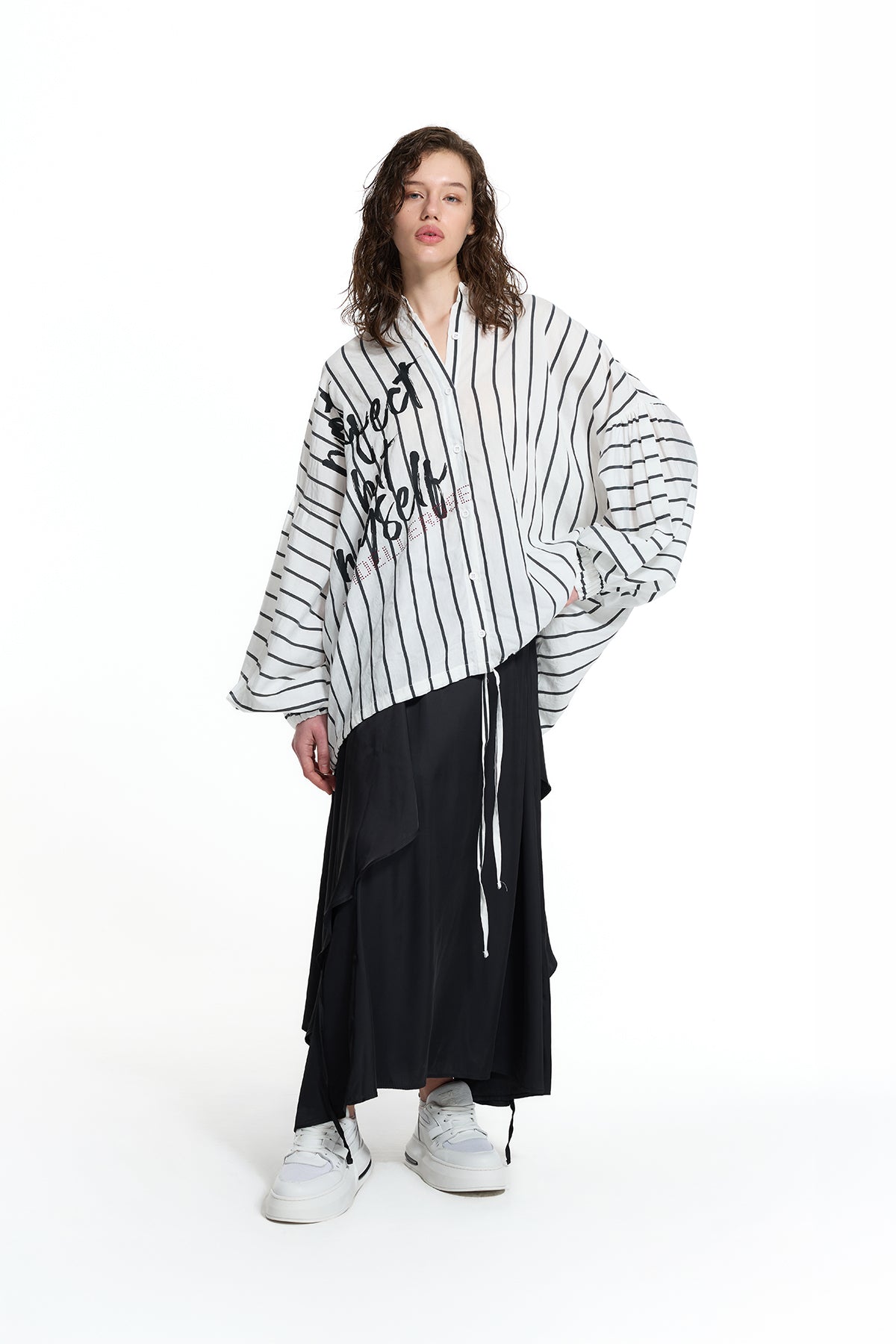 White Black Text Detail Striped Shirt 19008