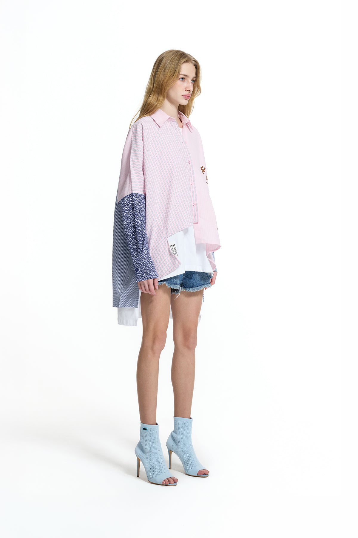 Pink Blue Asymmetric Logo Detail Patchwork Shirt 19009
