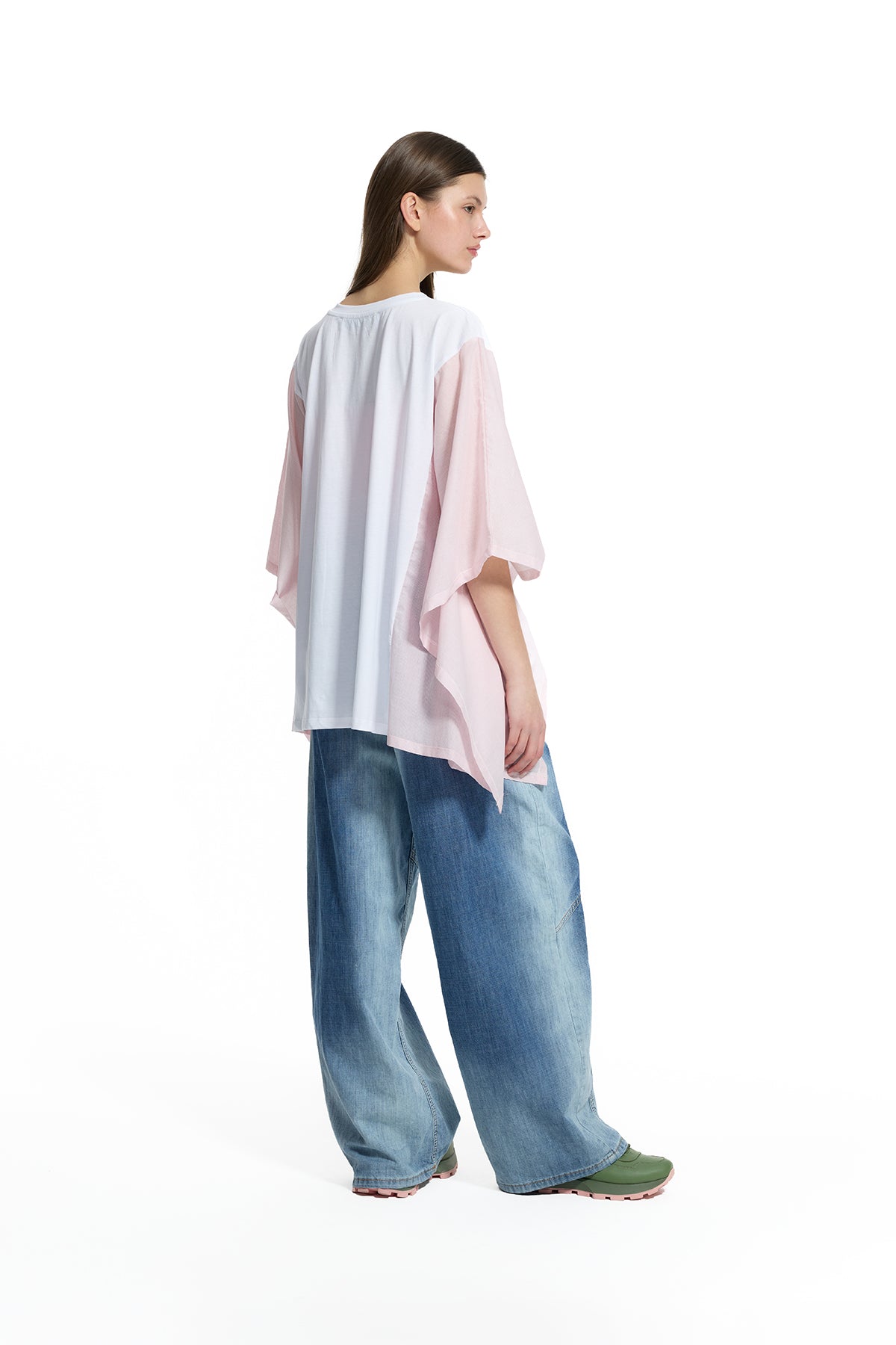White Pink Front Printed Wide Fit Batwing Sleeve T-shirt T-shirt 19022