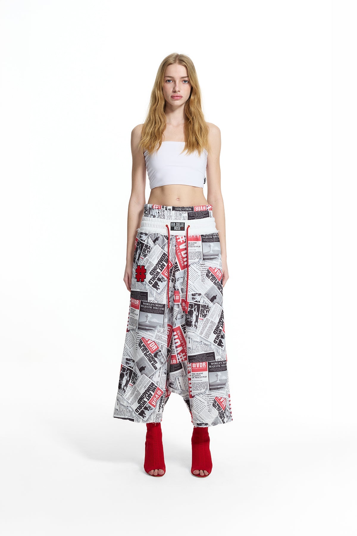 White Black Newspaper Print Double Elastic Waist Drawstring Harem Trousers 19032