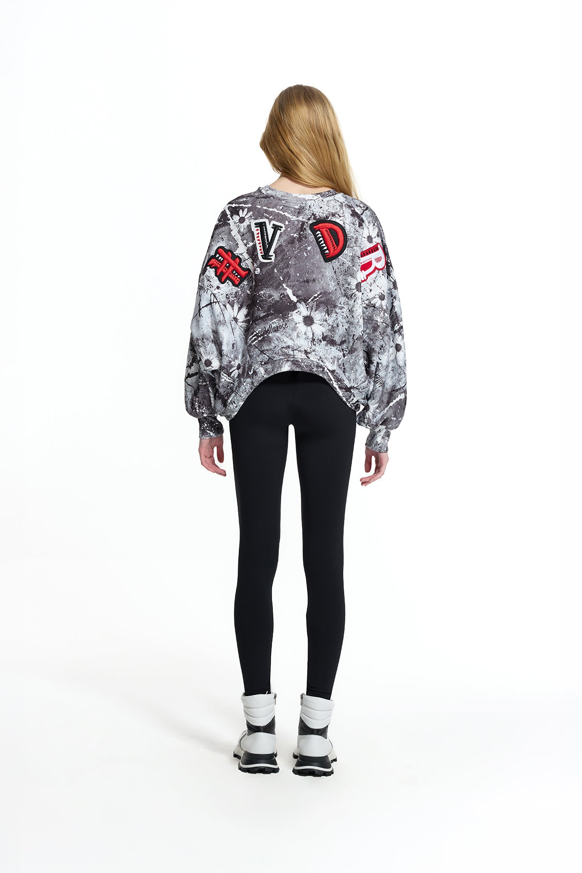 Black White Paint Effect Patch Detail Crop Sweatshirt 19046