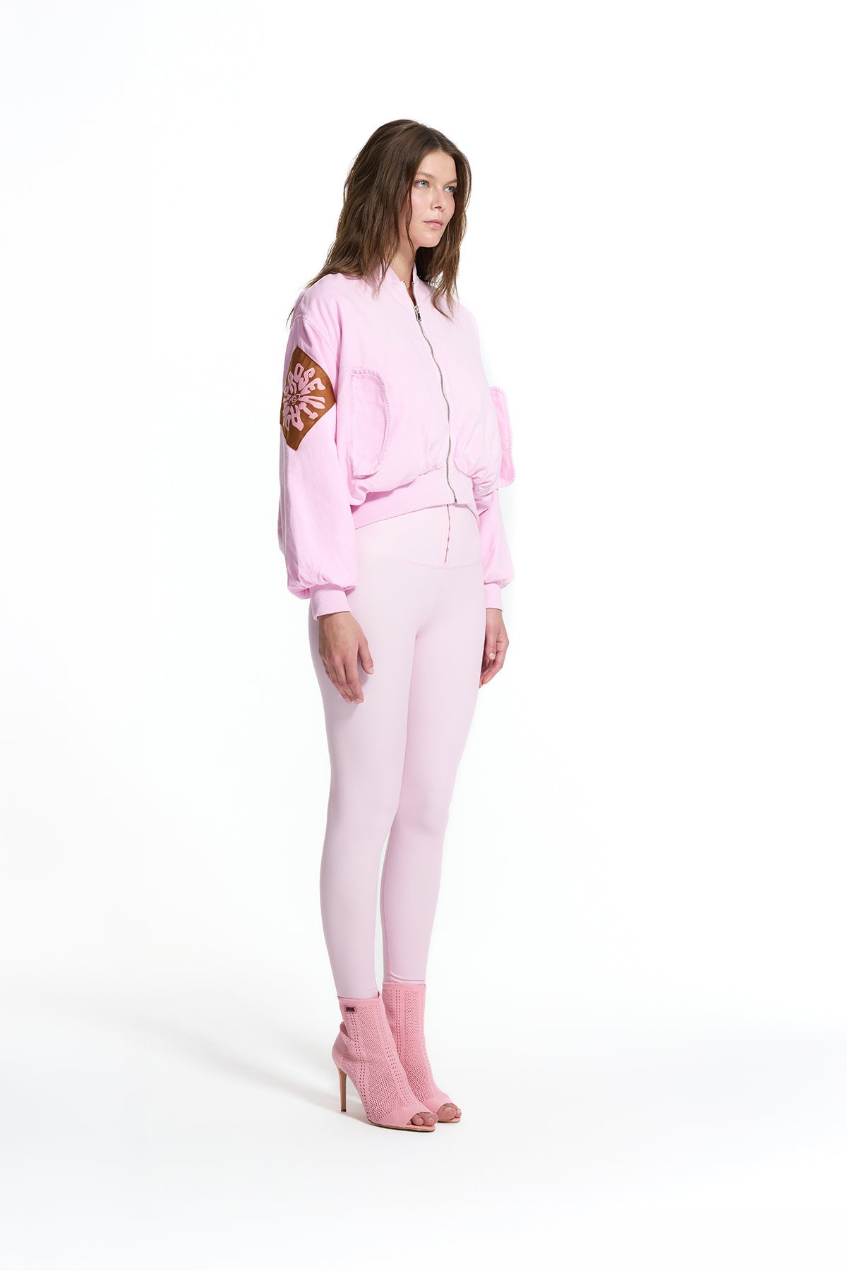 Pink Cropped Zip Ribbed Pocket Detail Bomber Jacket 19050