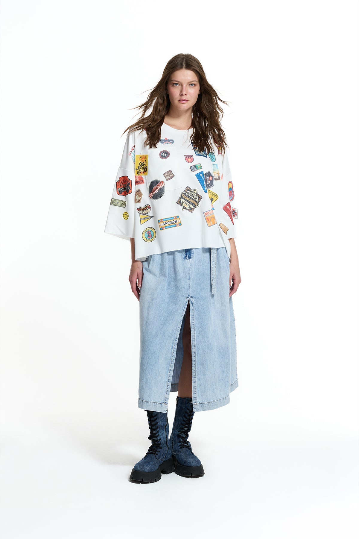 White Patch Detail Oversize Half Sleeve Sweatshirt 19074