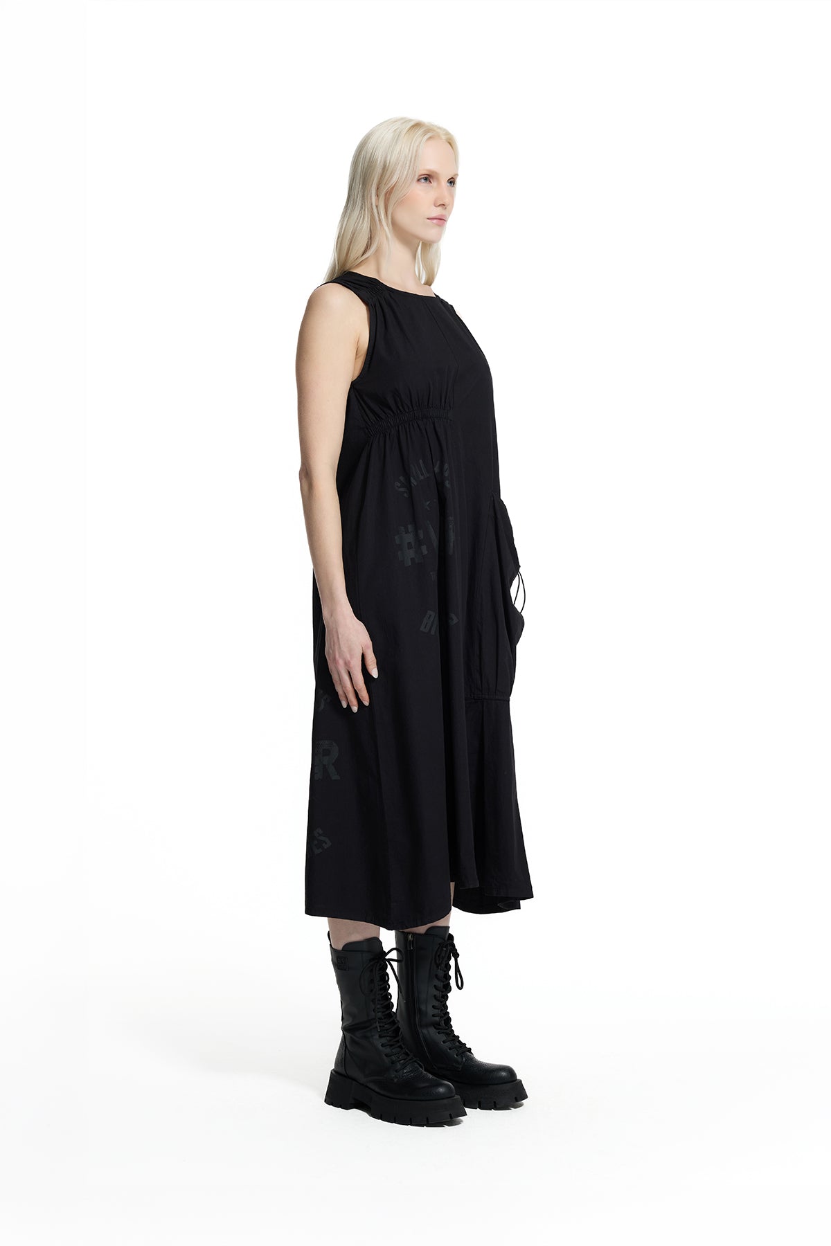Black Asymmetric Pocket Detail Fluid Silhouette Midi Dress 19090