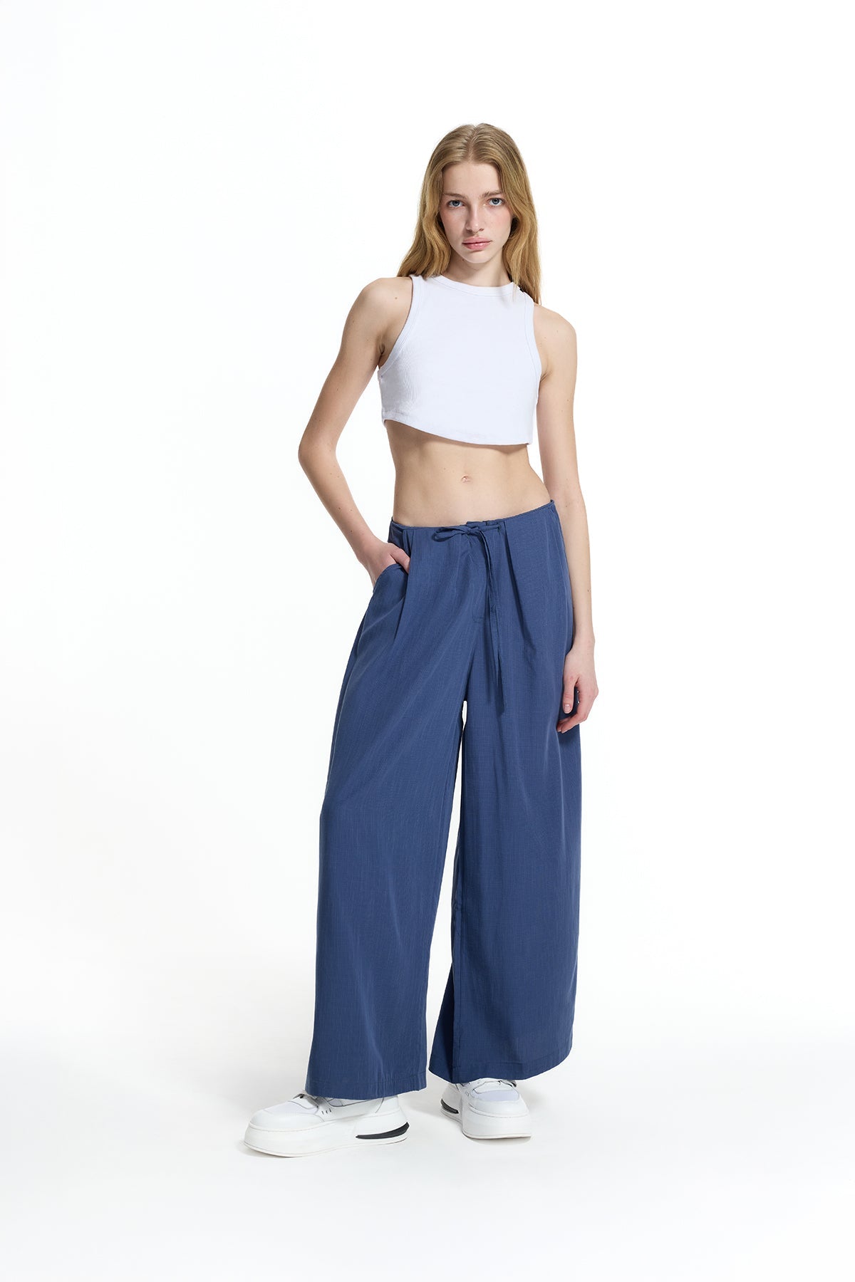 Cobalt Blue Draped Wide-leg Drawstring Trousers 19096