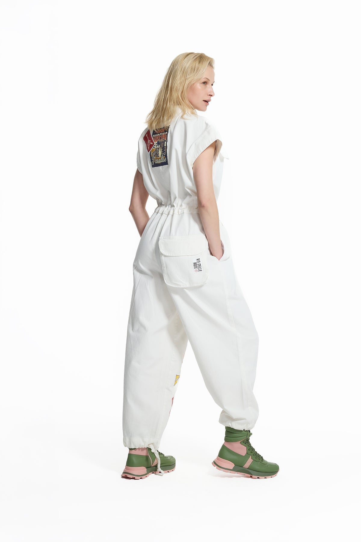 White Drawstring Waist Patch Jumpsuit 19120