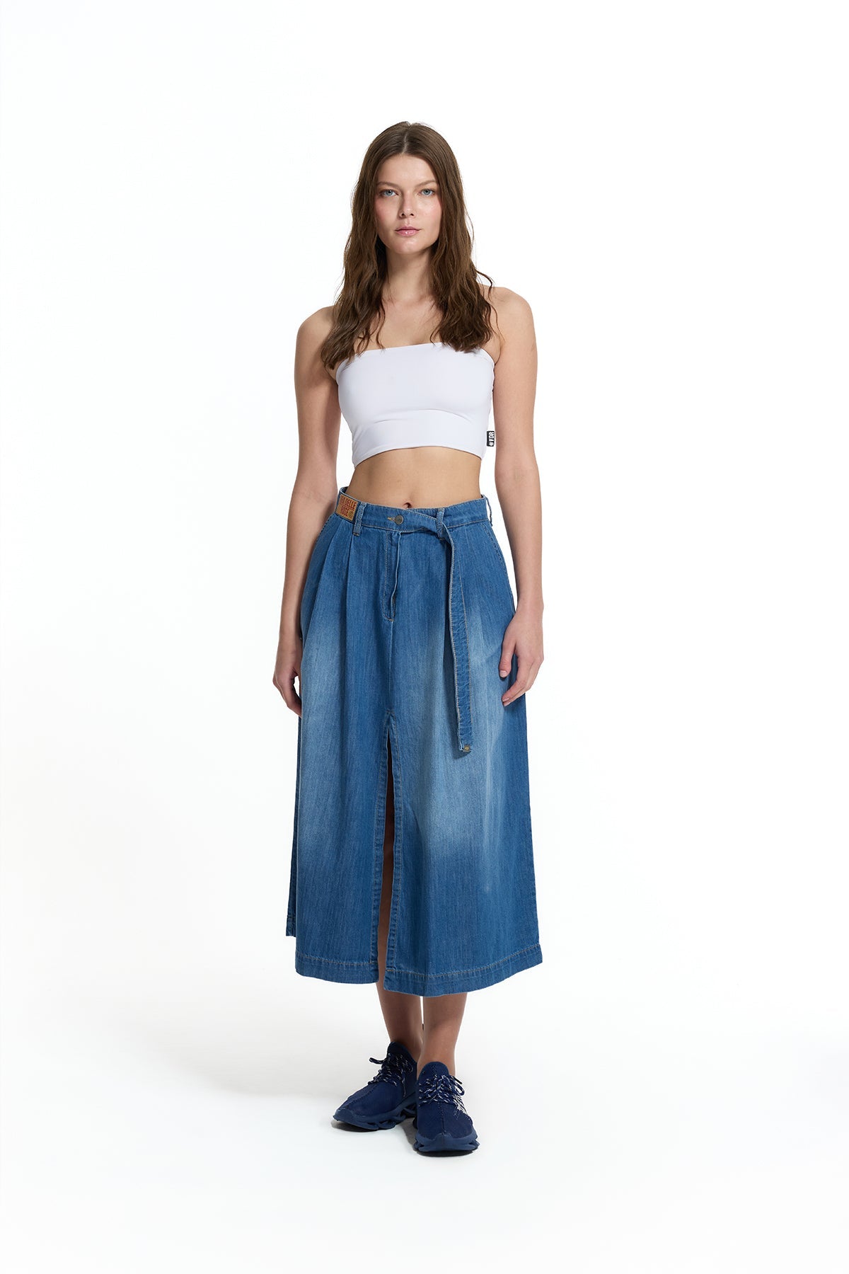 Blue Belted Culotte Denim Skirt 19123