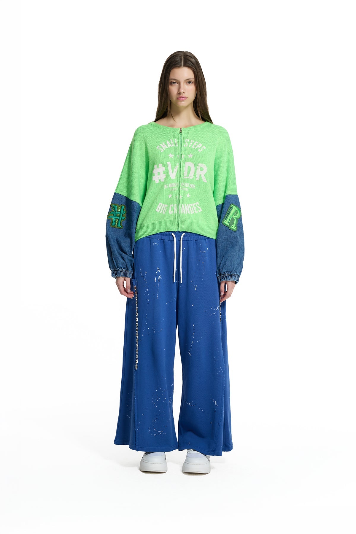 Neon Green Blue Contrast Denim Sleeve Bomber Knit Sweater 19173