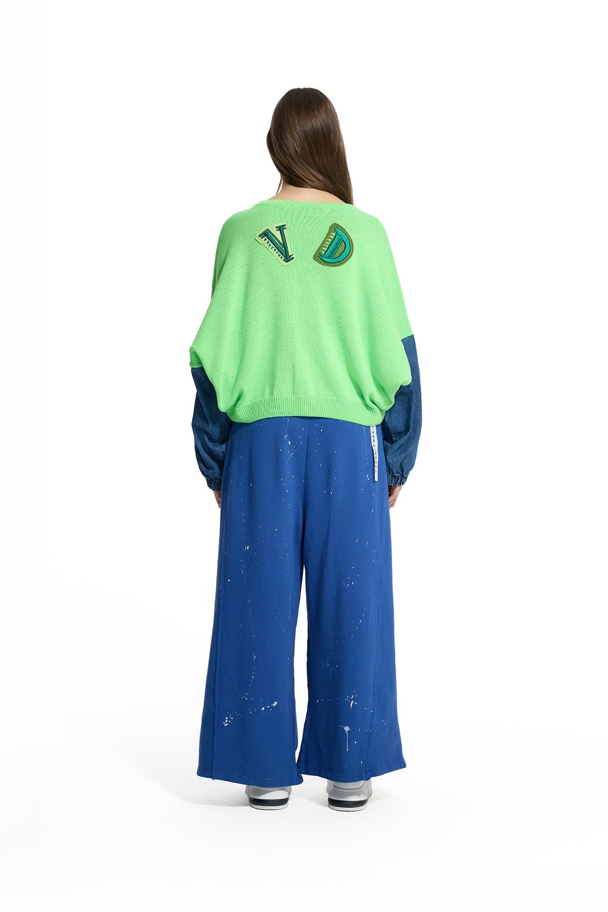 Neon Green Blue Contrast Denim Sleeve Bomber Knit Sweater 19173