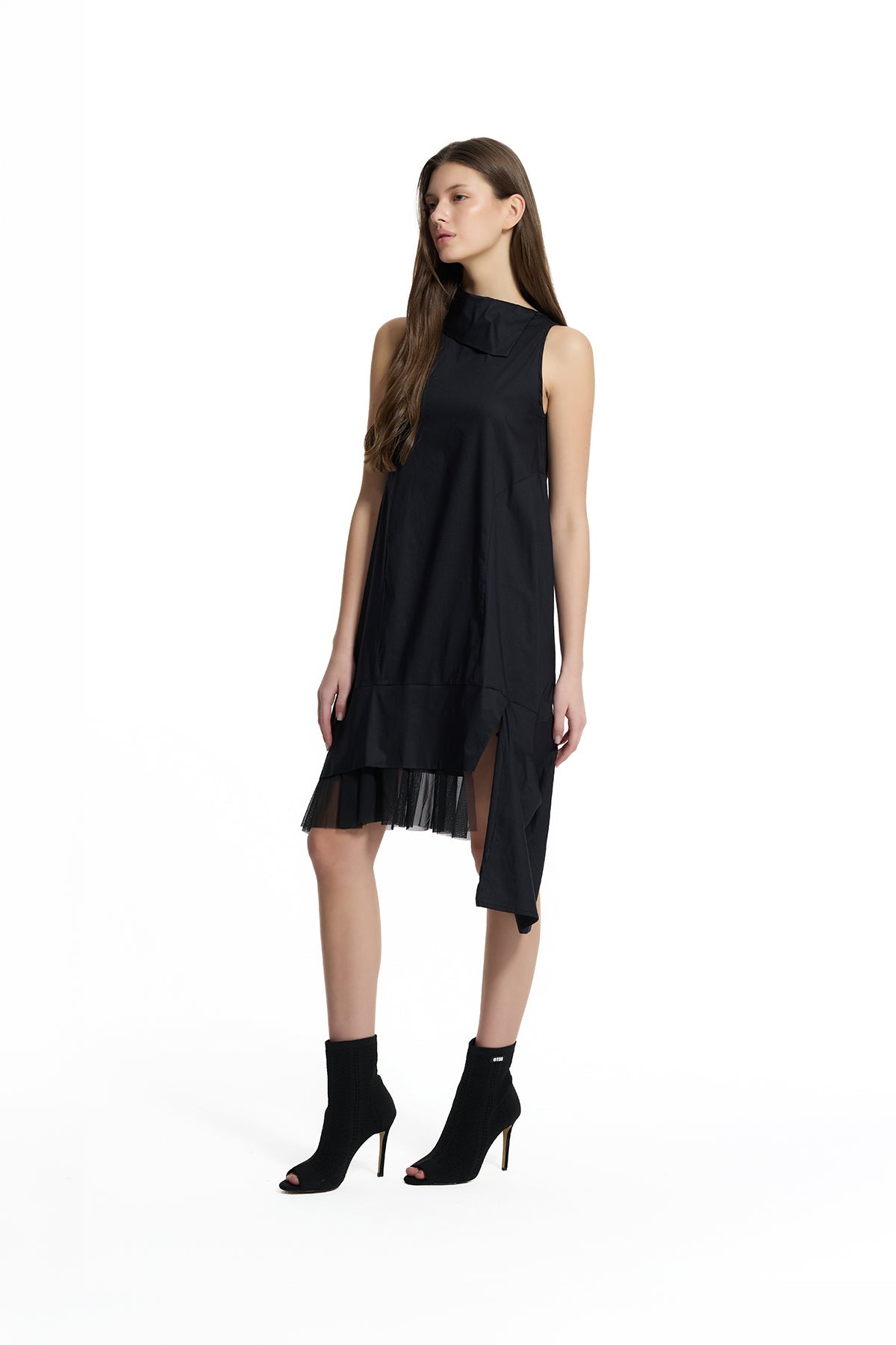 Black Asymmetric Tulle Detail Midi Dress 19187