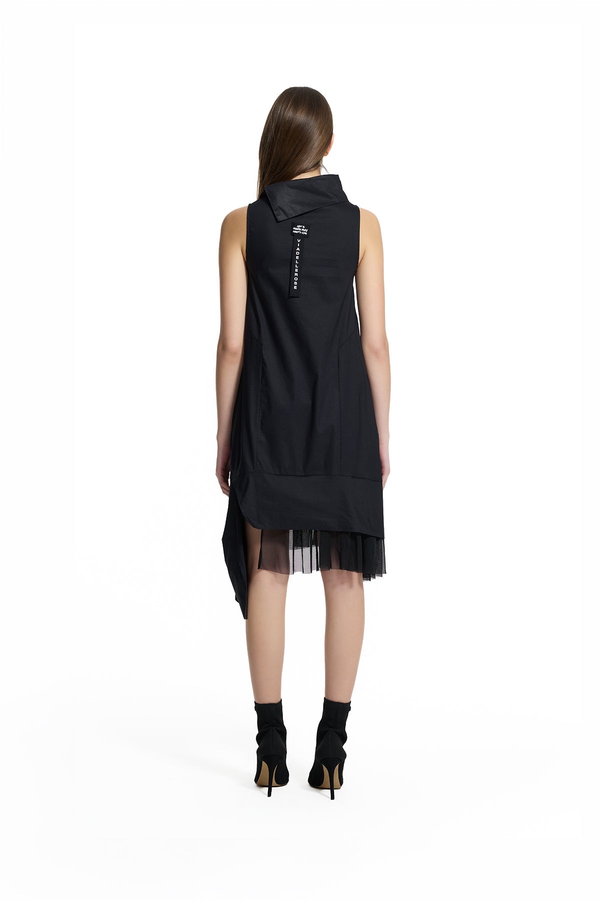 Black Asymmetric Tulle Detail Midi Dress 19187