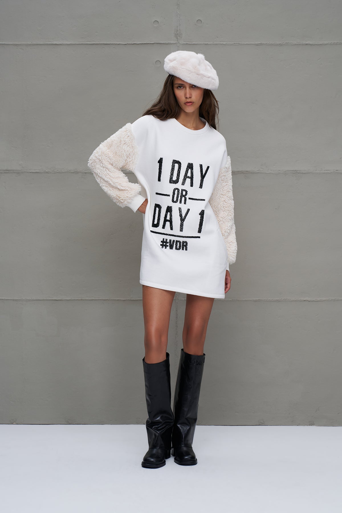 Off White Slogan Long Sleeve Dress 18011