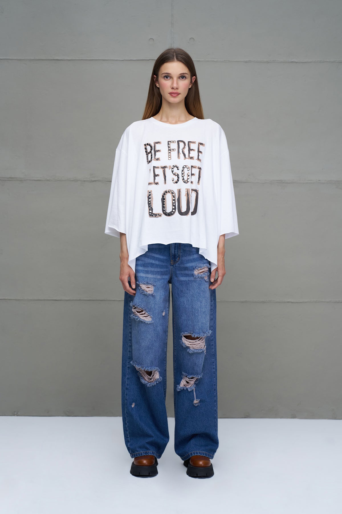 White Slogan Asymmetric Oversized T-shirt 18035